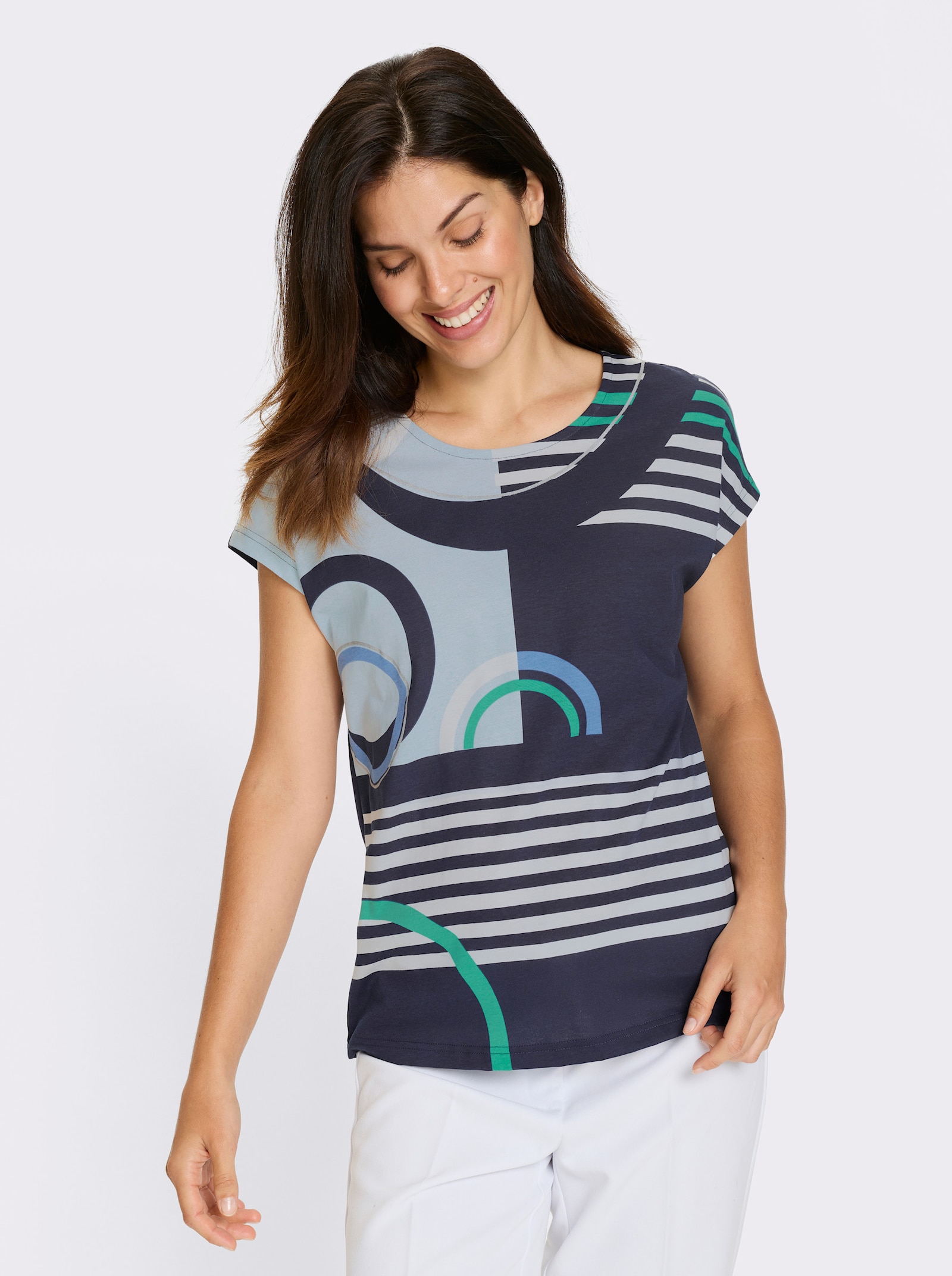 Kurzarmshirt mit silberfarbenen Effekten - marine-hellblau-bedruckt