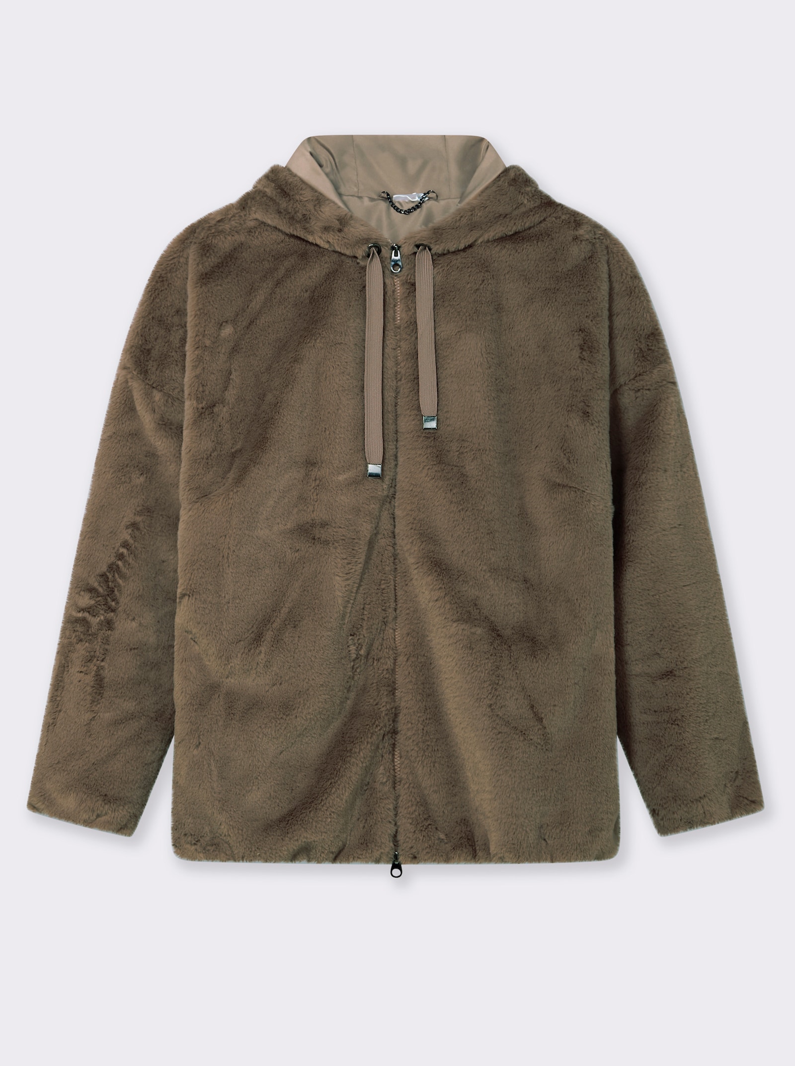 Fellimitatjacke mit Gummizug an Ärmeln und Saum - schlamm