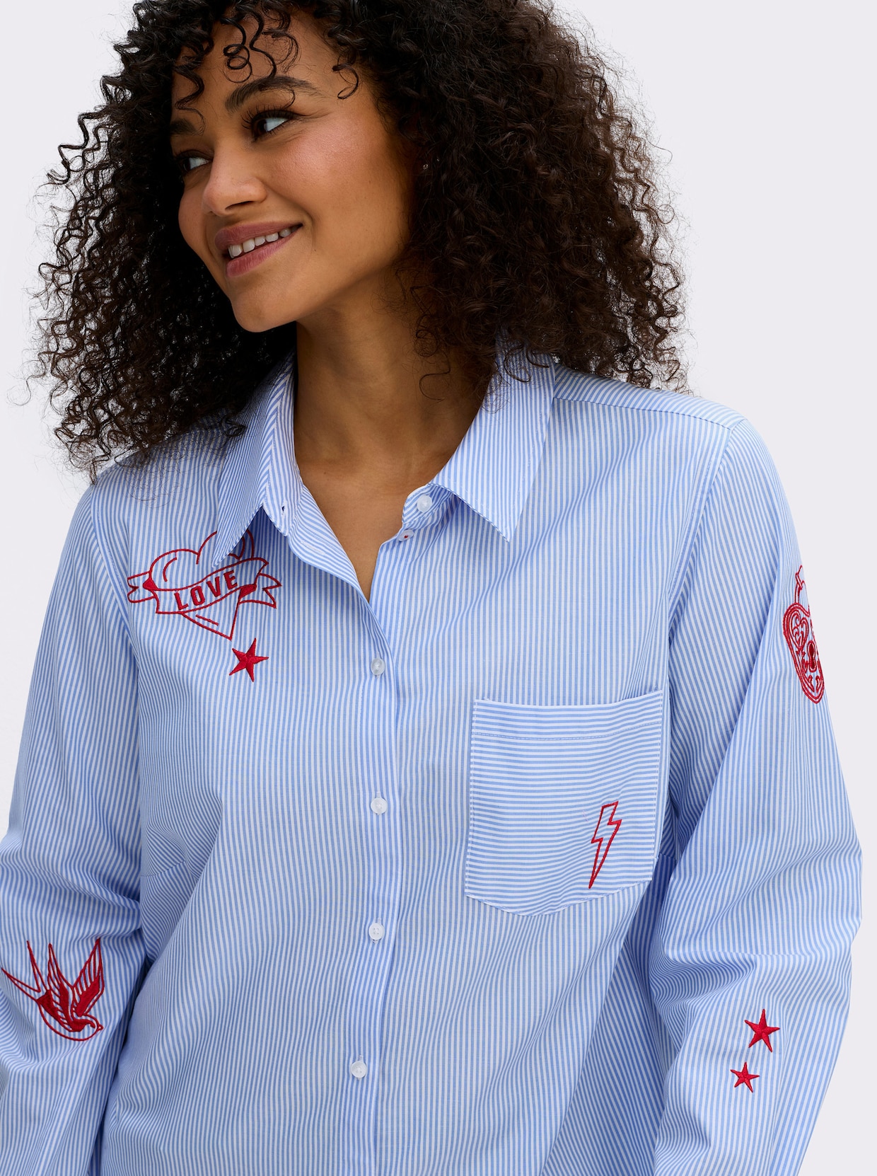 sheego by Joe Browns Baumwollbluse mit Streifen und Stickerei - hellblau-weiß-gestreift