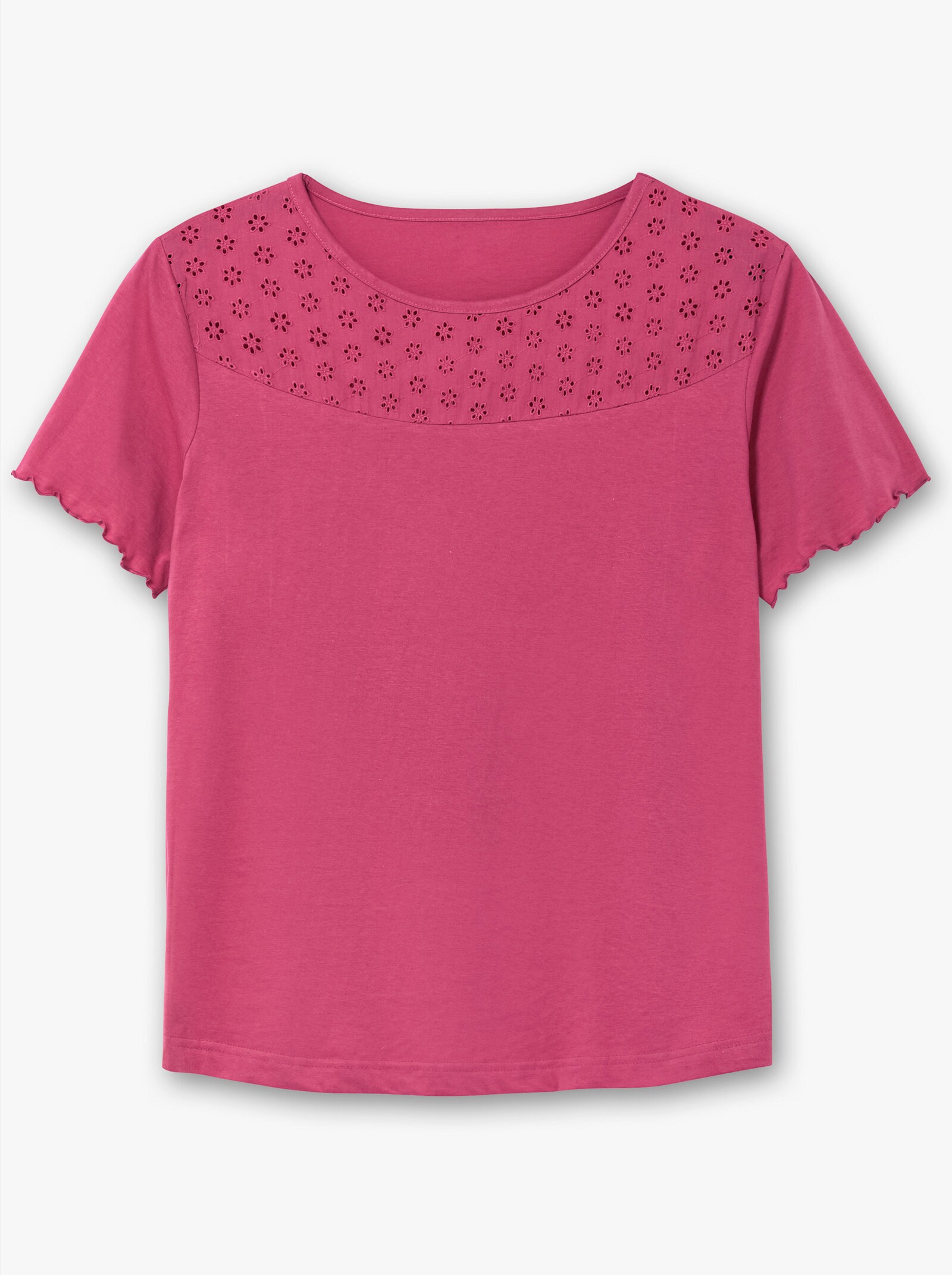 Kurzarmshirt mit Lochstickerei-Einsatz - fuchsia