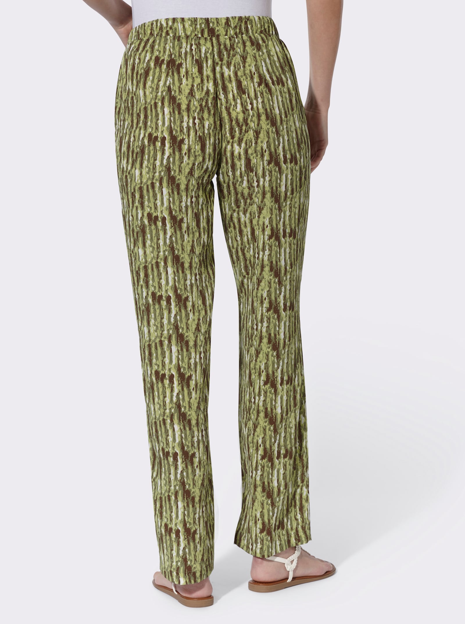 Comfortbroek met wijde pijpen - kaki + kaki/ecru bedrukt