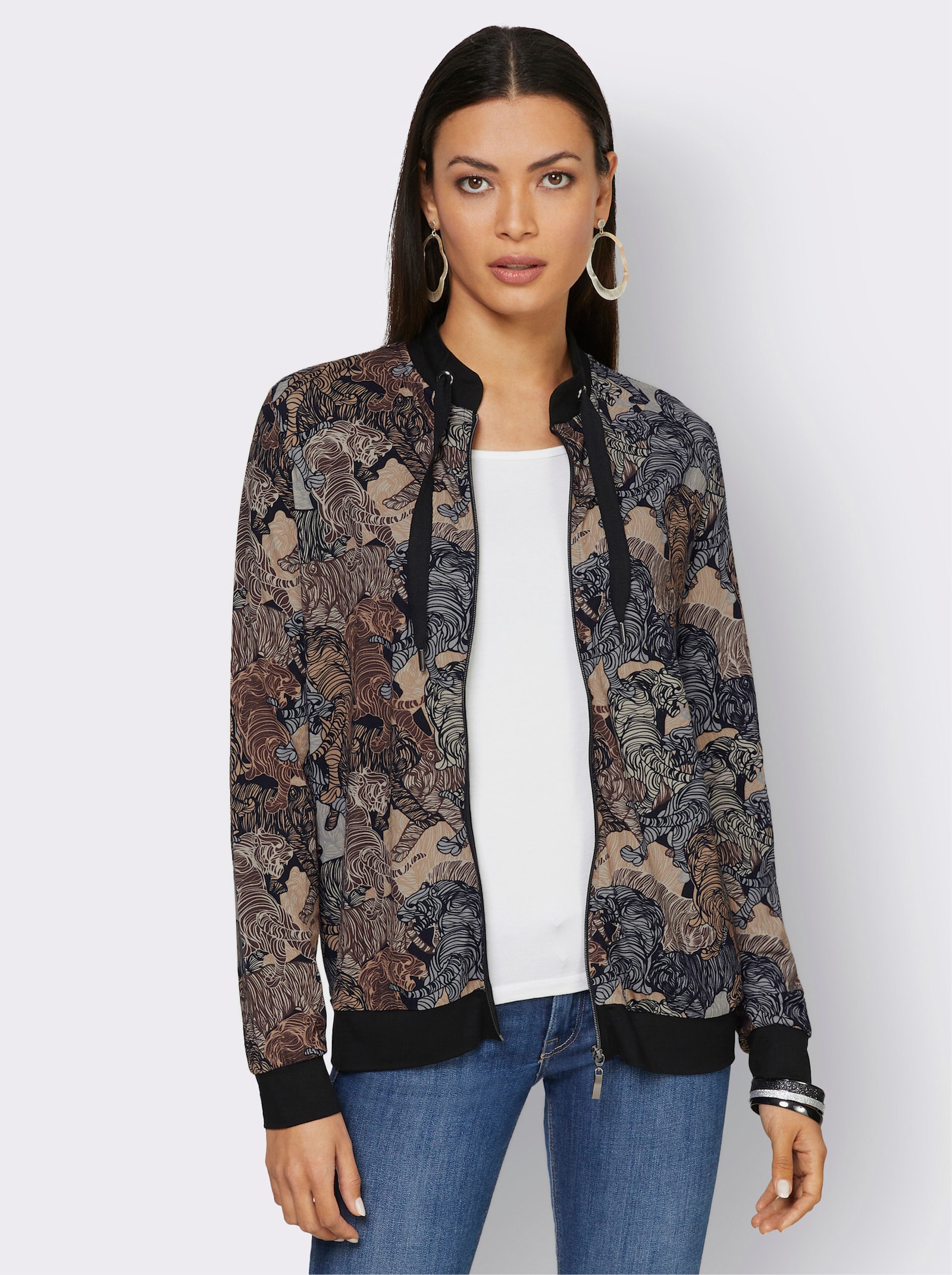 Shirtjacke in Blouson-Form - schwarz-sand-bedruckt