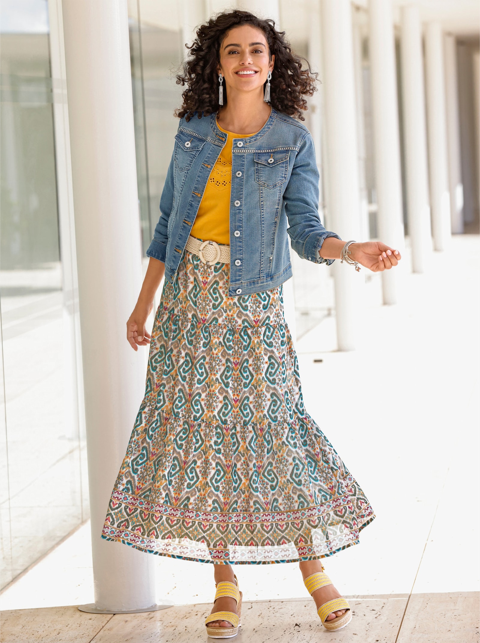 Maxirock in Stufenform, bedruckt - khaki-ocker-bedruckt