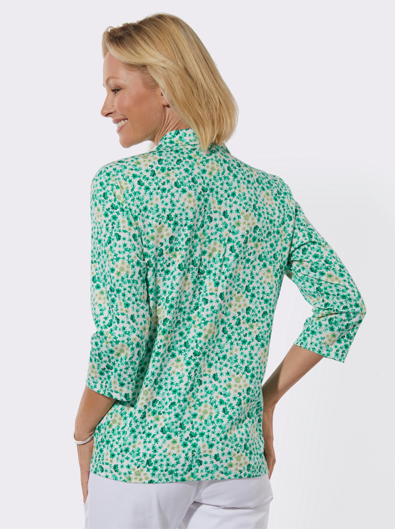 Poloshirt mit Glitzersteinchen - smaragd-ecru-bedruckt