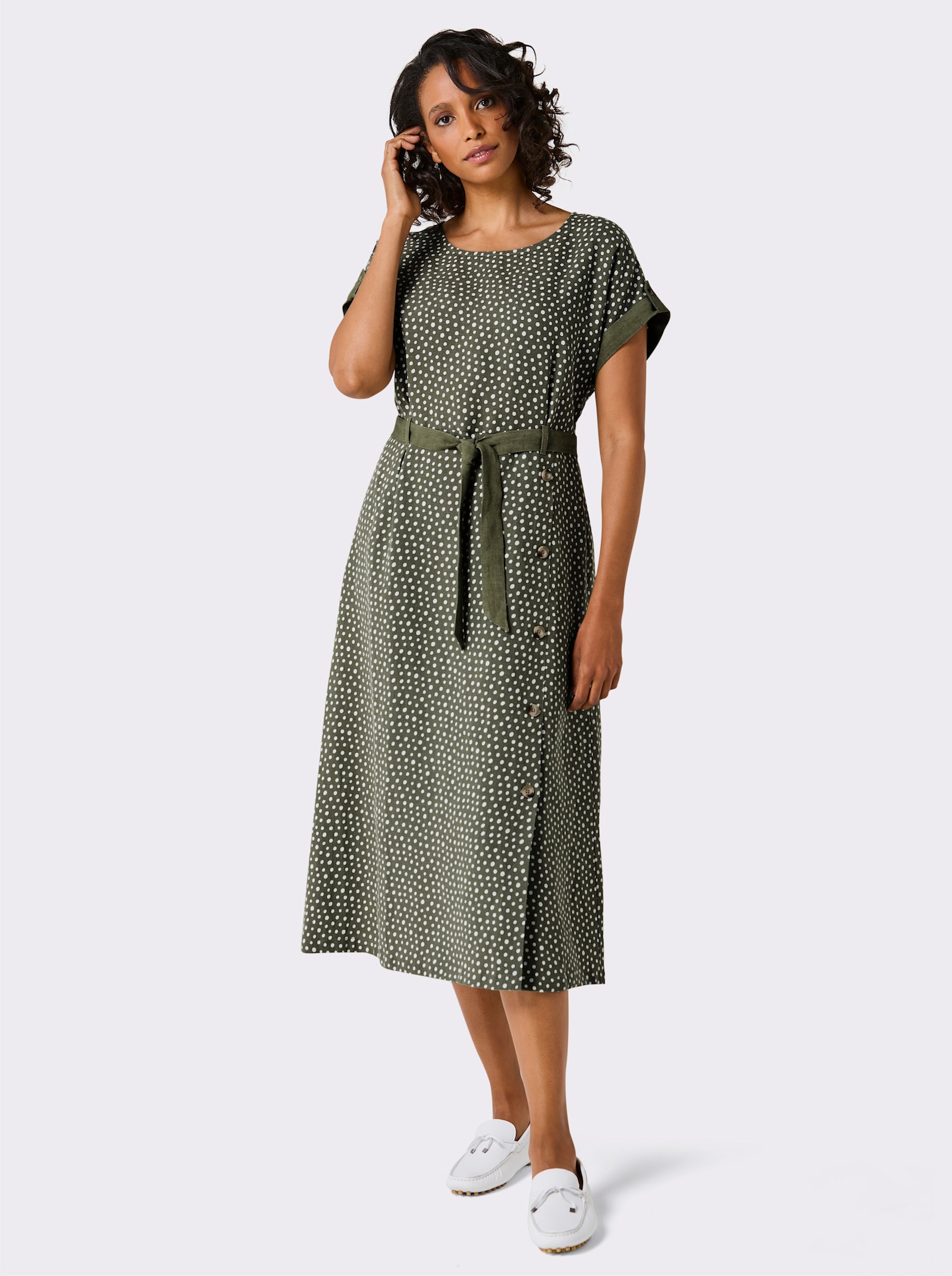 CREATION L PREMIUM Druckkleid aus reinem Leinen - khaki-weiss-bedruckt