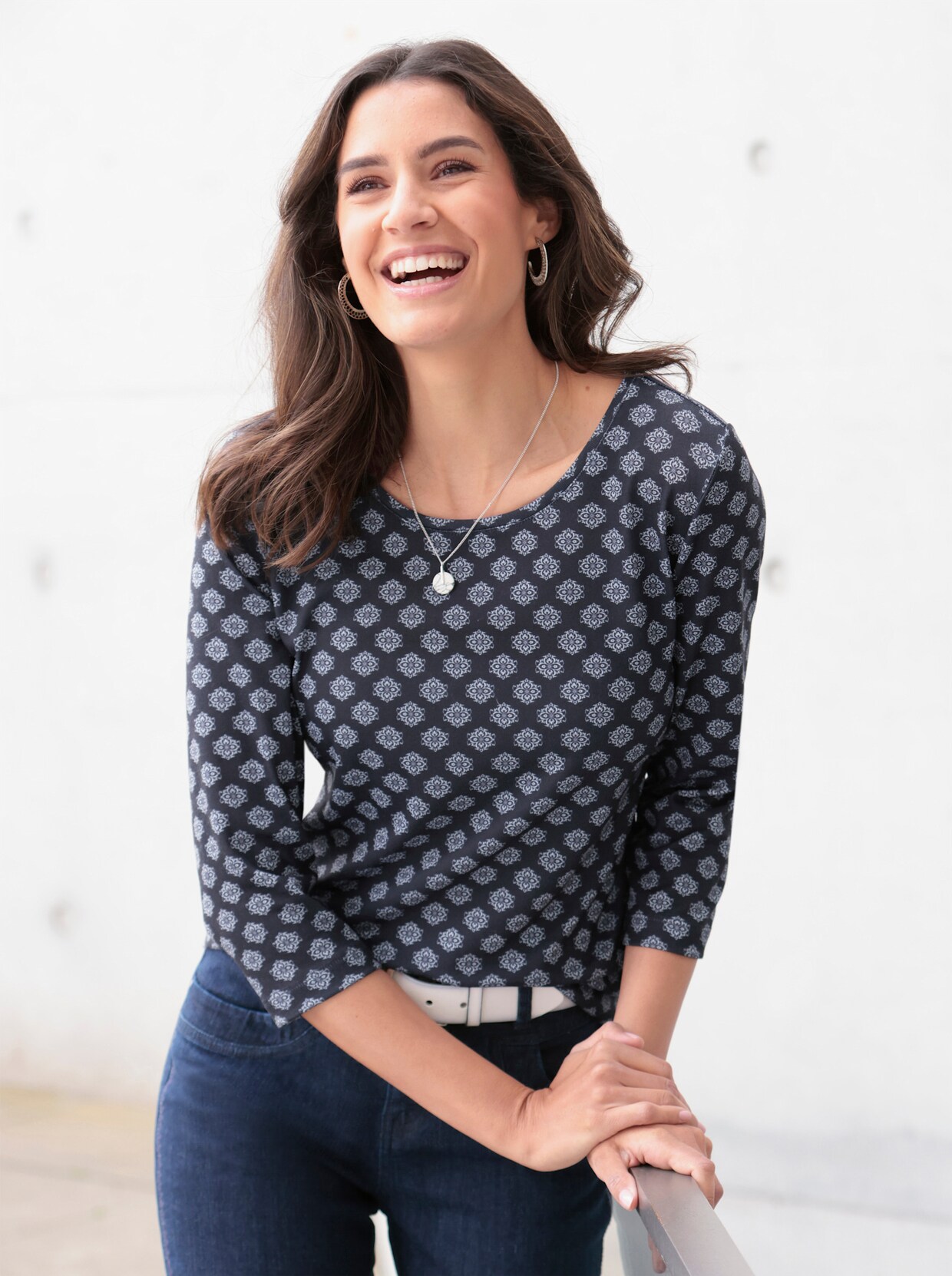 3/4-Arm-Shirt - marine-ecru-bedruckt