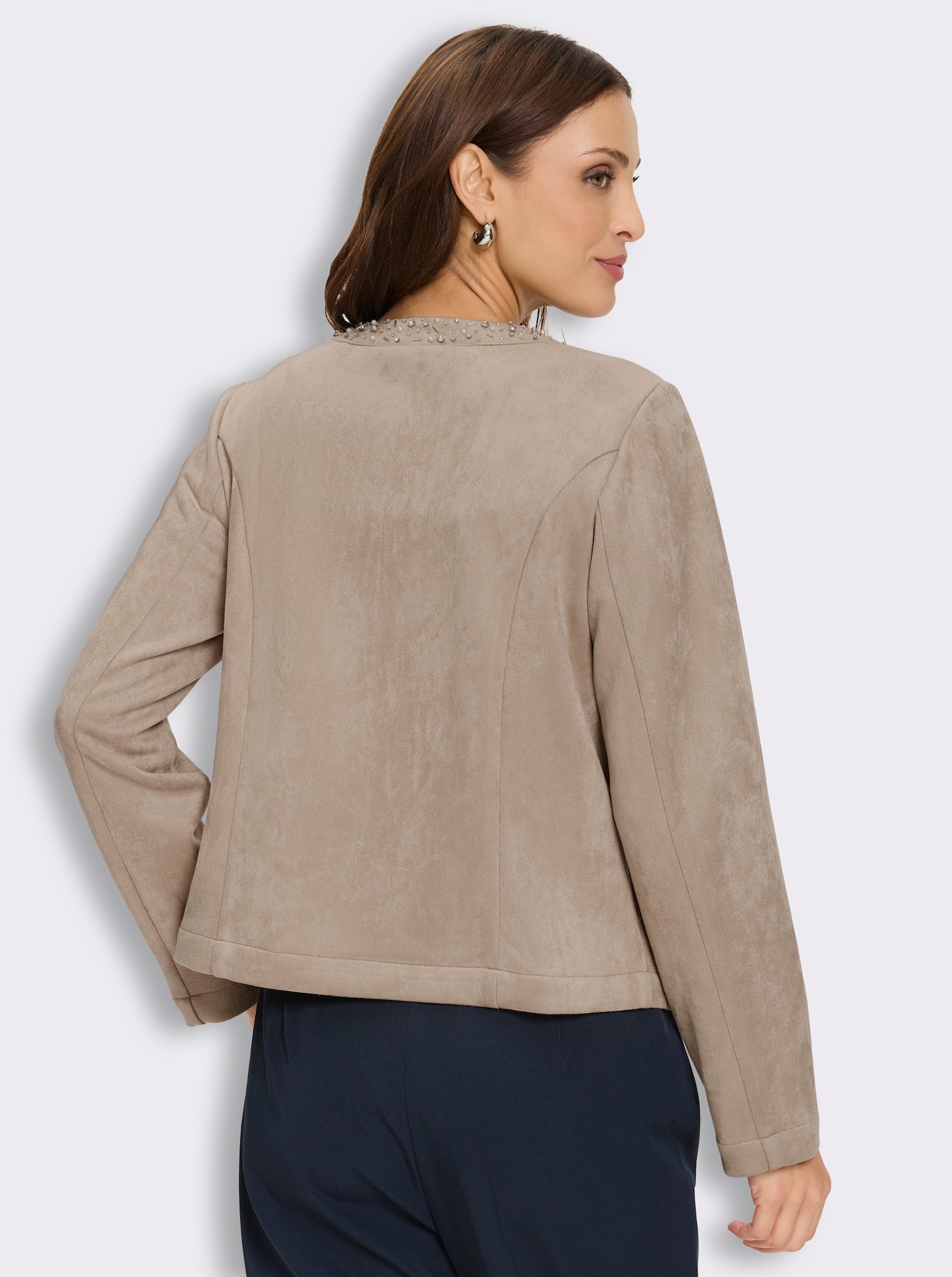 Lederimitat-Blazer mit Glitzersteinchen am Ausschnitt - sesam