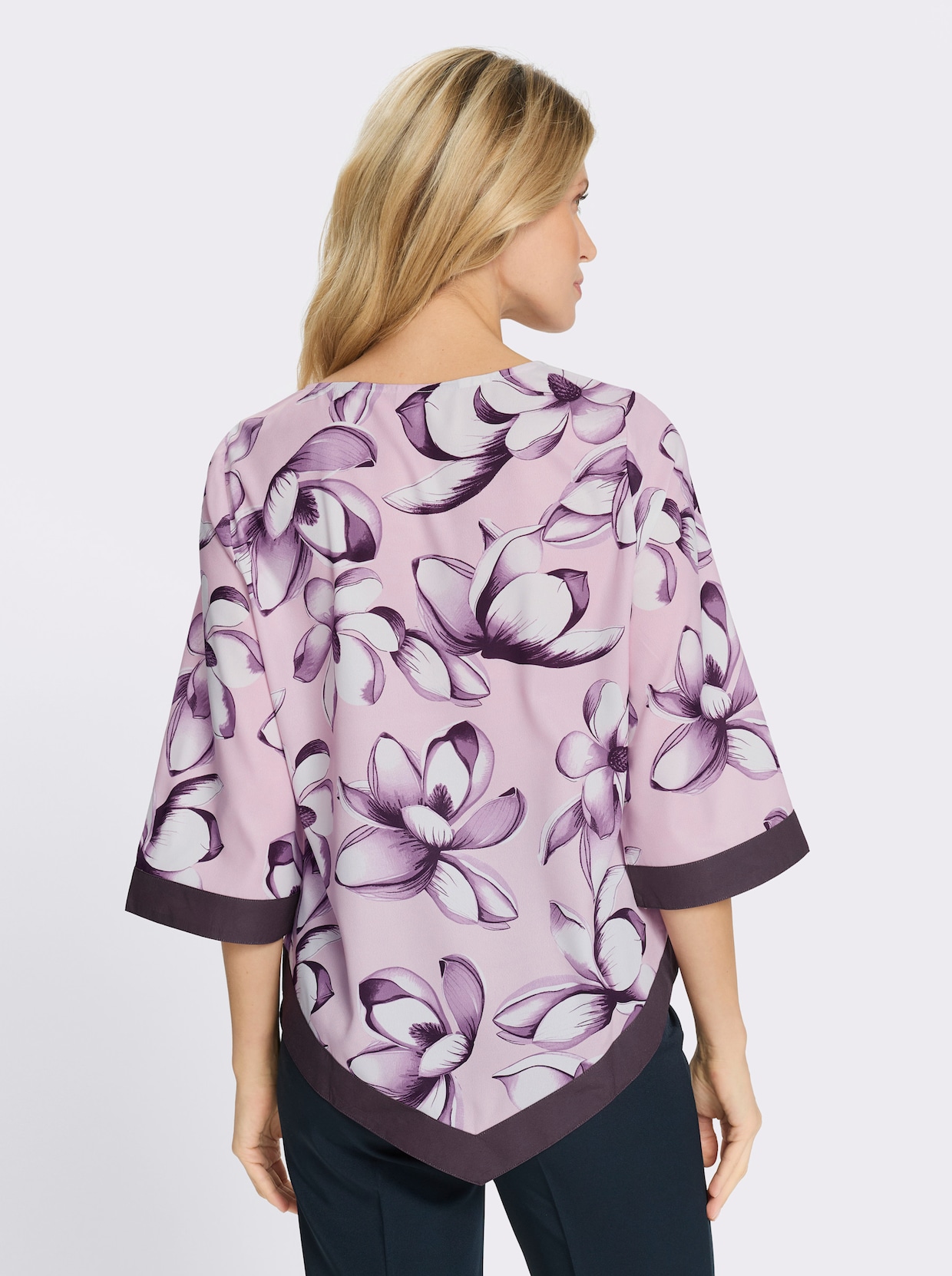Schlupfbluse mit Trompetenärmeln - rosé-aubergine-bedruckt