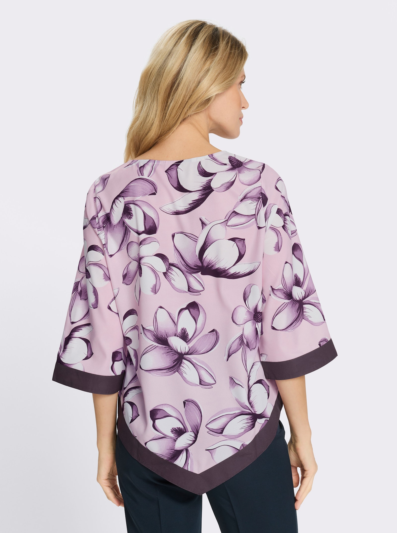 Schlupfbluse mit Trompetenärmeln - rosé-aubergine-bedruckt