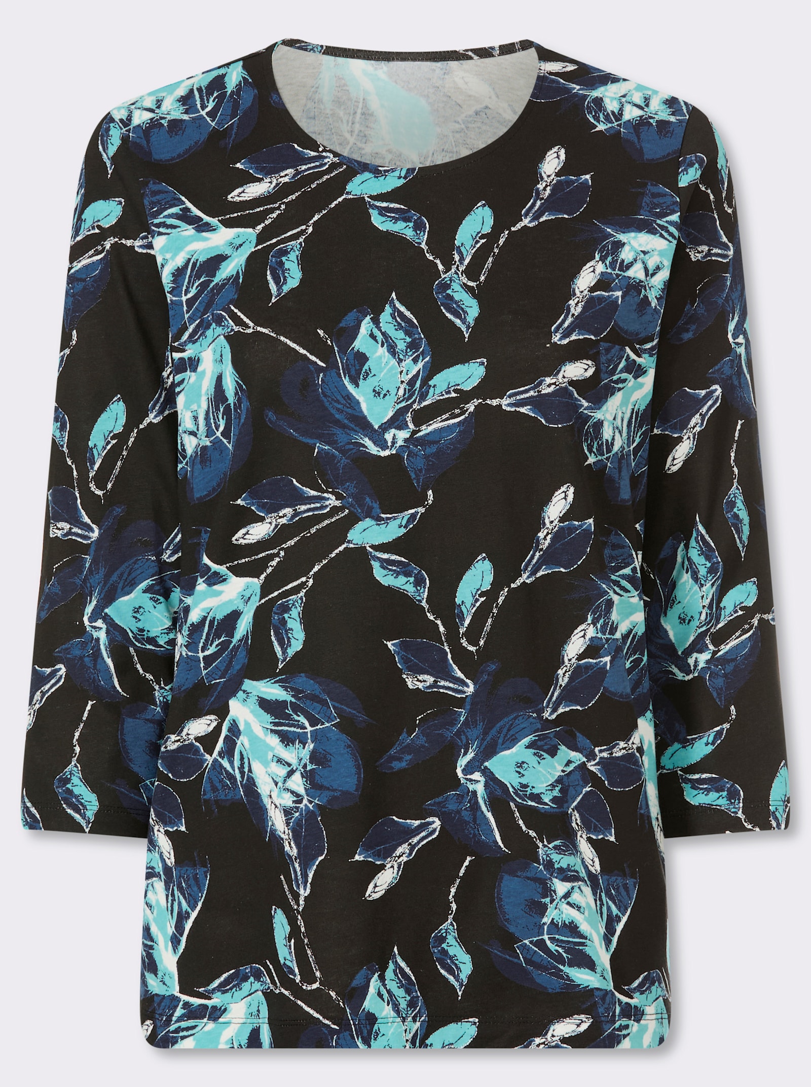 3/4-Arm-Shirt mit floralem Druck-Dessin - schwarz-aquamarin-bedruckt