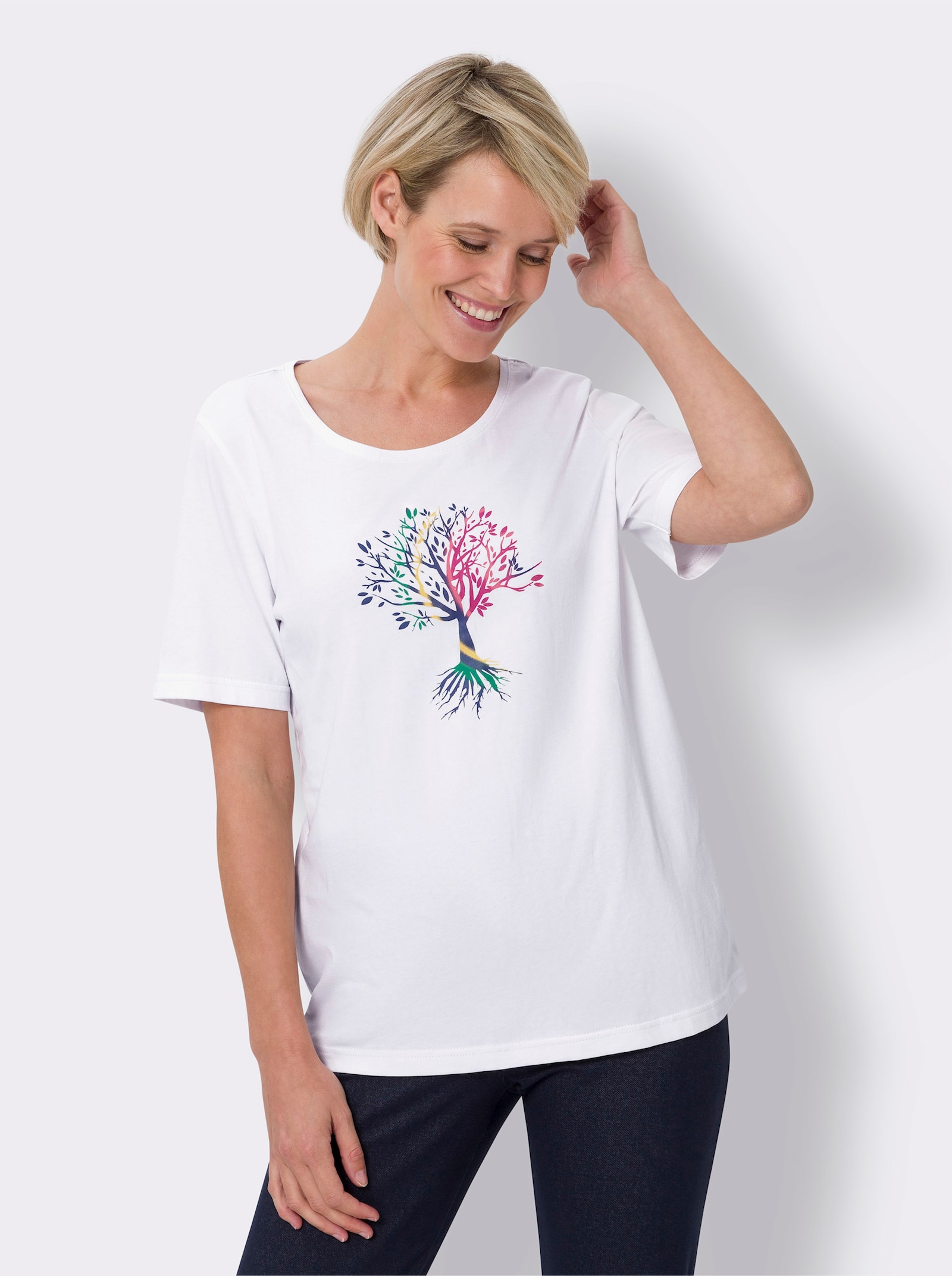 Kurzarmshirt mit platziertem Druck - weiss-jeansblau