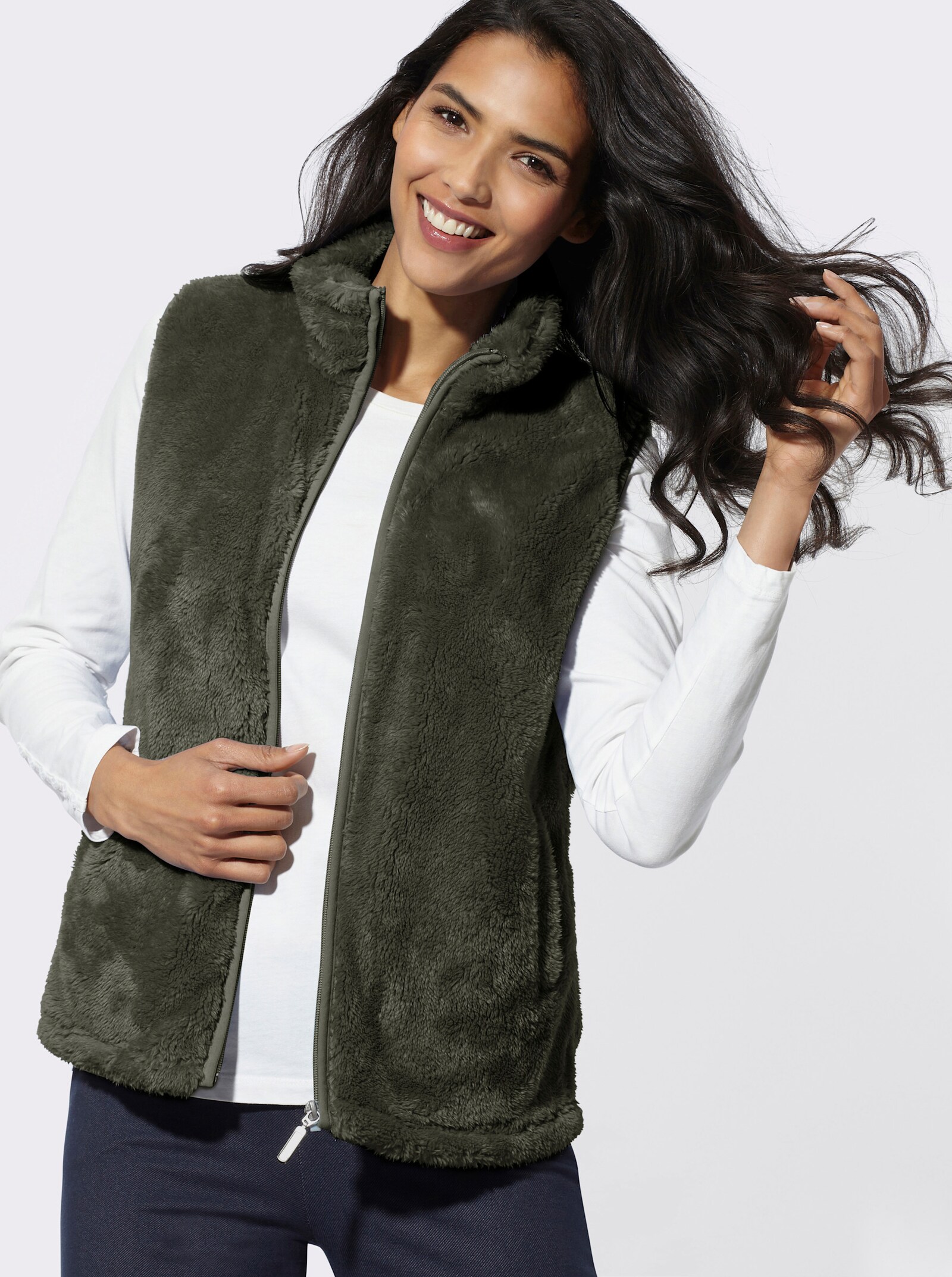 Sweatweste mit Umlegekragen - khaki