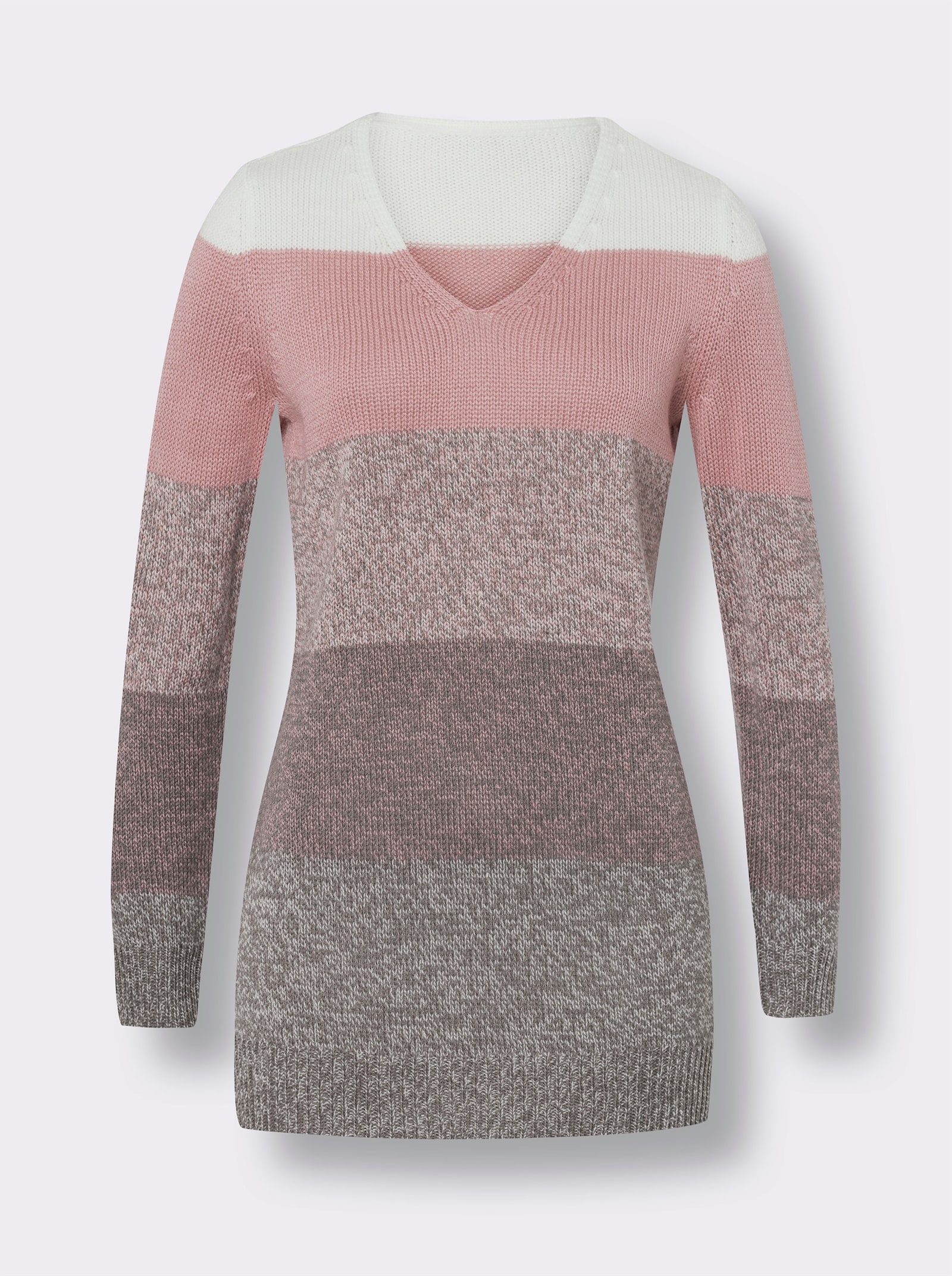 Lange pullover met patroon van brede strepen - hortensia/ecru gemêleerd