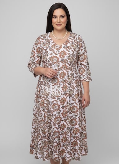 Druckkleid in Maxi-Länge - weiß-papaya-gemustert