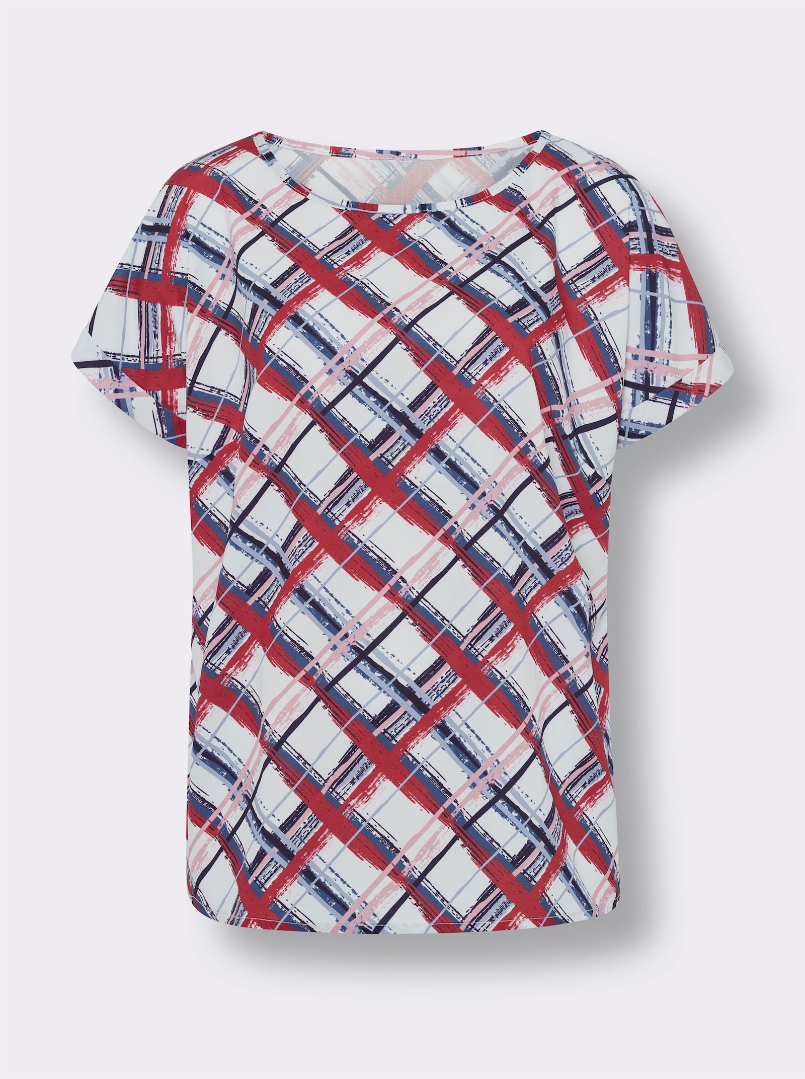 Schlupfbluse mit Karo-Muster - ecru-rot-bedruckt
