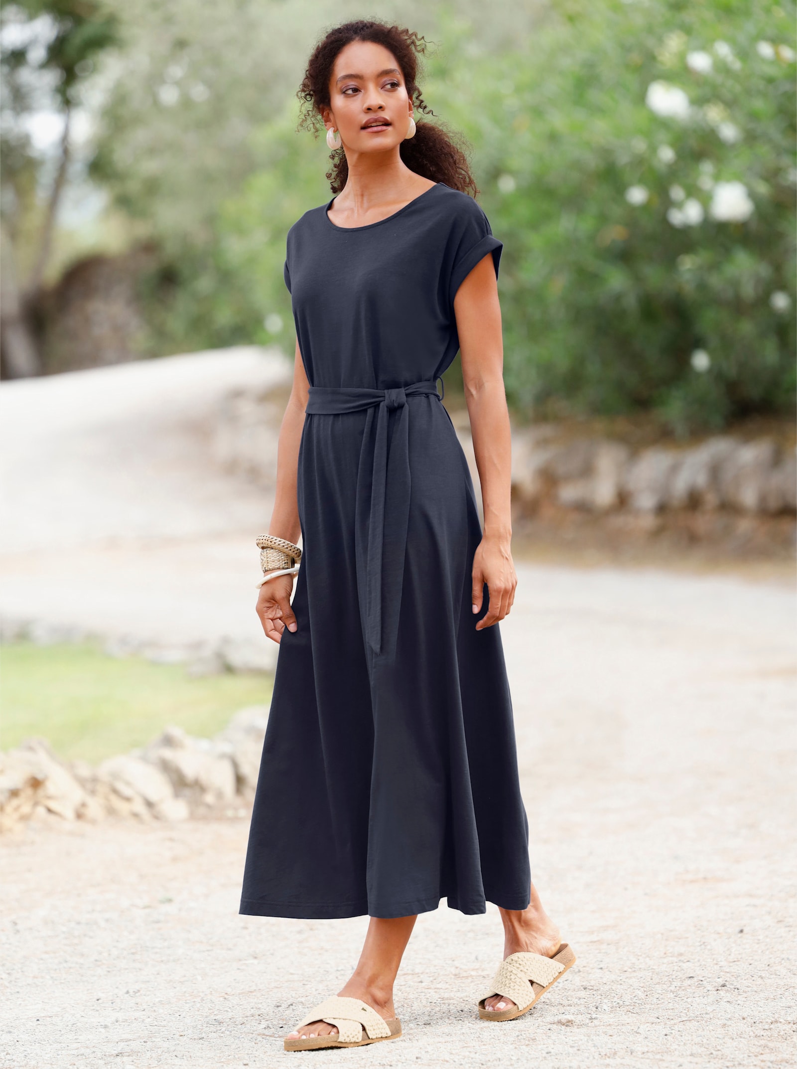 heine Baumwollkleid mit Bindegürtel - marine