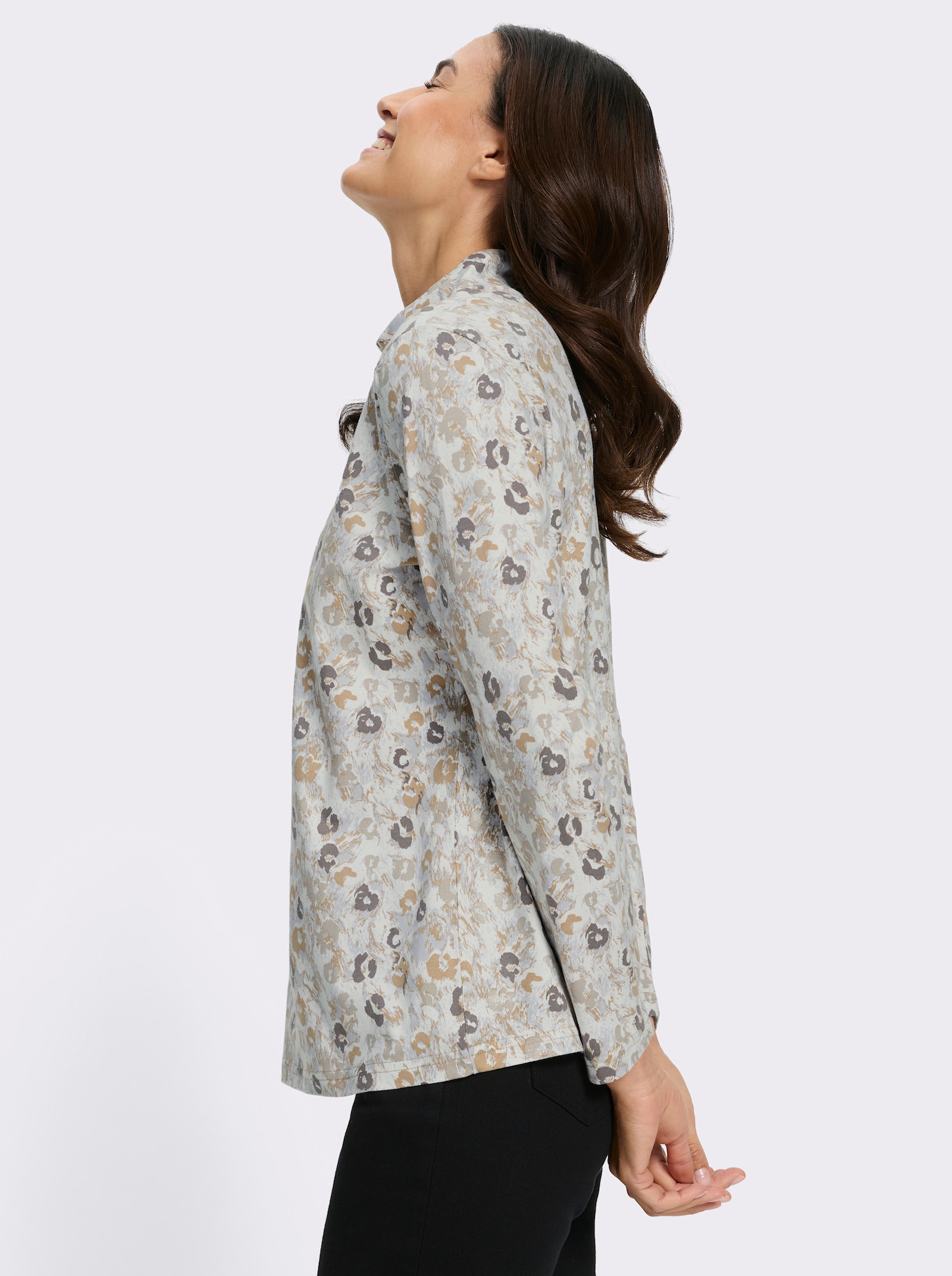 Stehkragenshirt - ecru-sesam-bedruckt