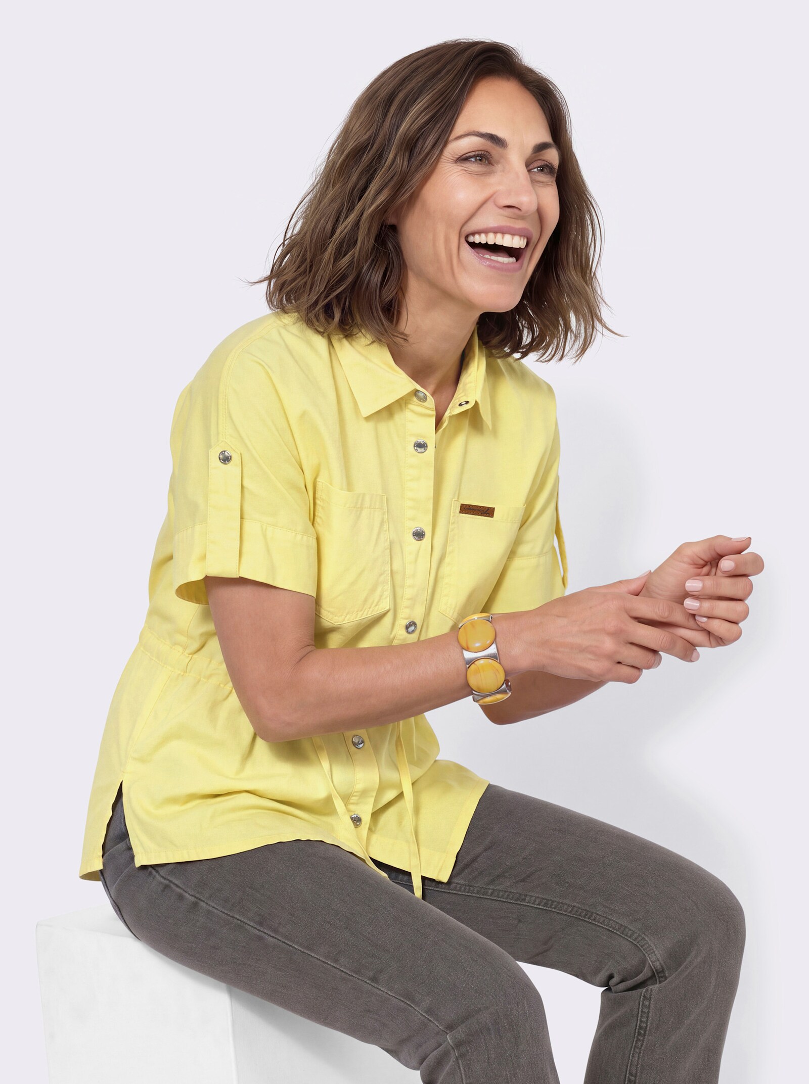 Jeansbluse mit regulierbarem Taillen-Kordelzug - zitrone