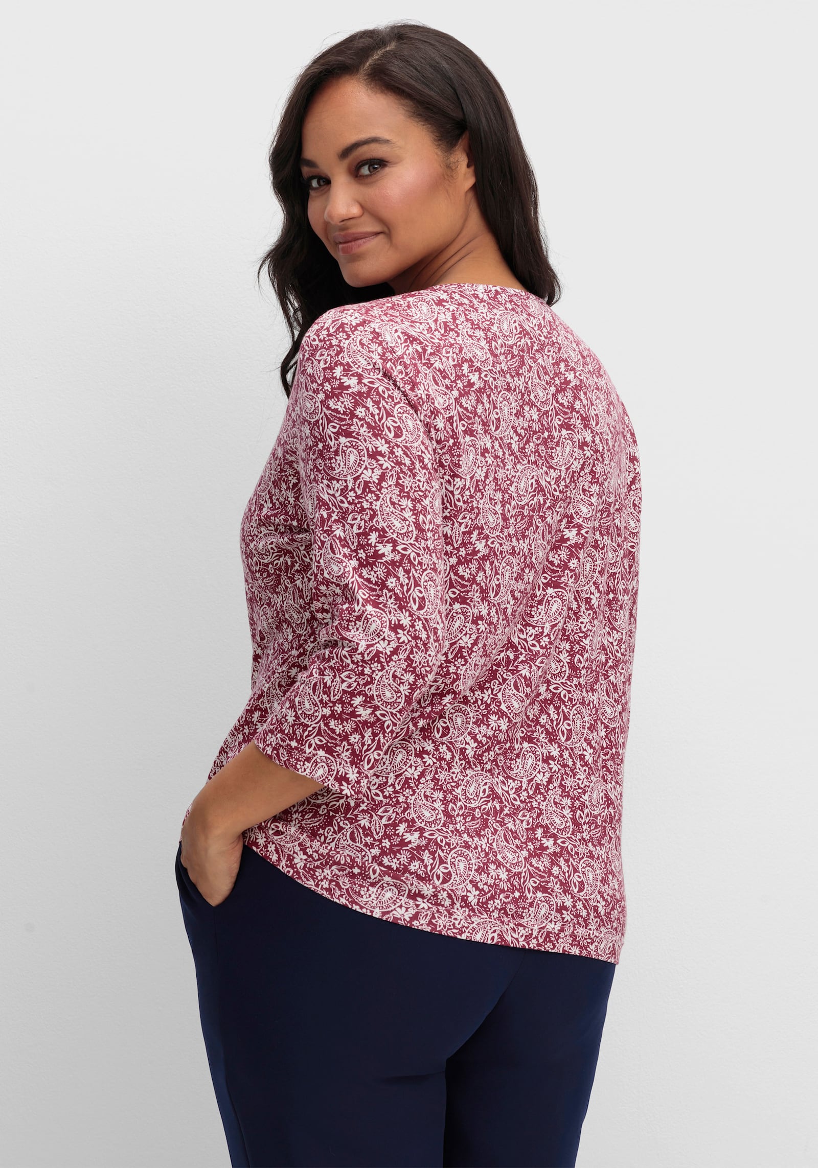 Print-Shirt mit Ausschnitt mit Schlitz - bordeaux-bedruckt