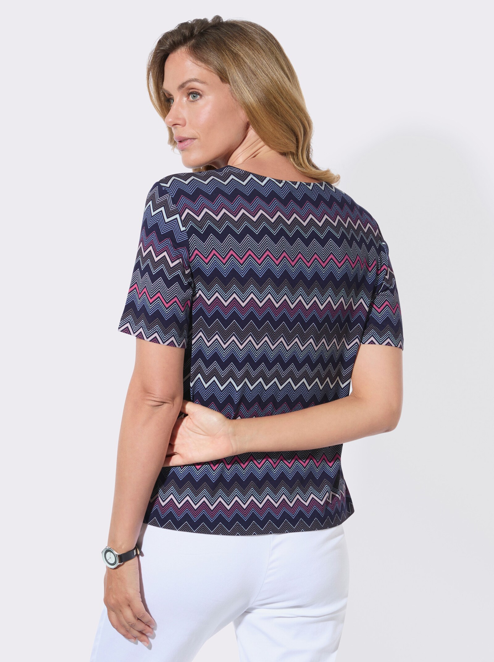 Kurzarmshirt mit grafischem Print - marine-fuchsia-bedruckt