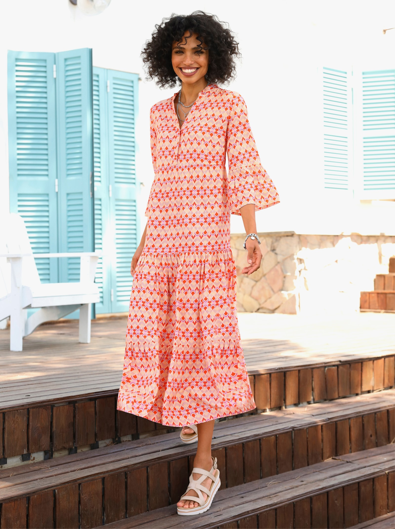 heine Druckkleid mit Volant-Ärmeln - apricot-orange-bedruckt