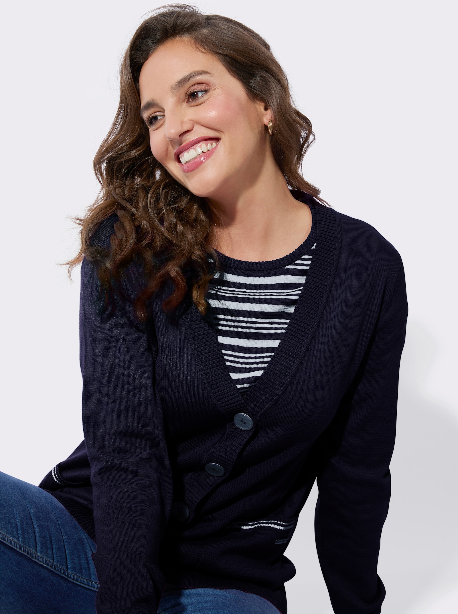 Twin-Set mit Schmuckknöpfen - marine-ecru-geringelt