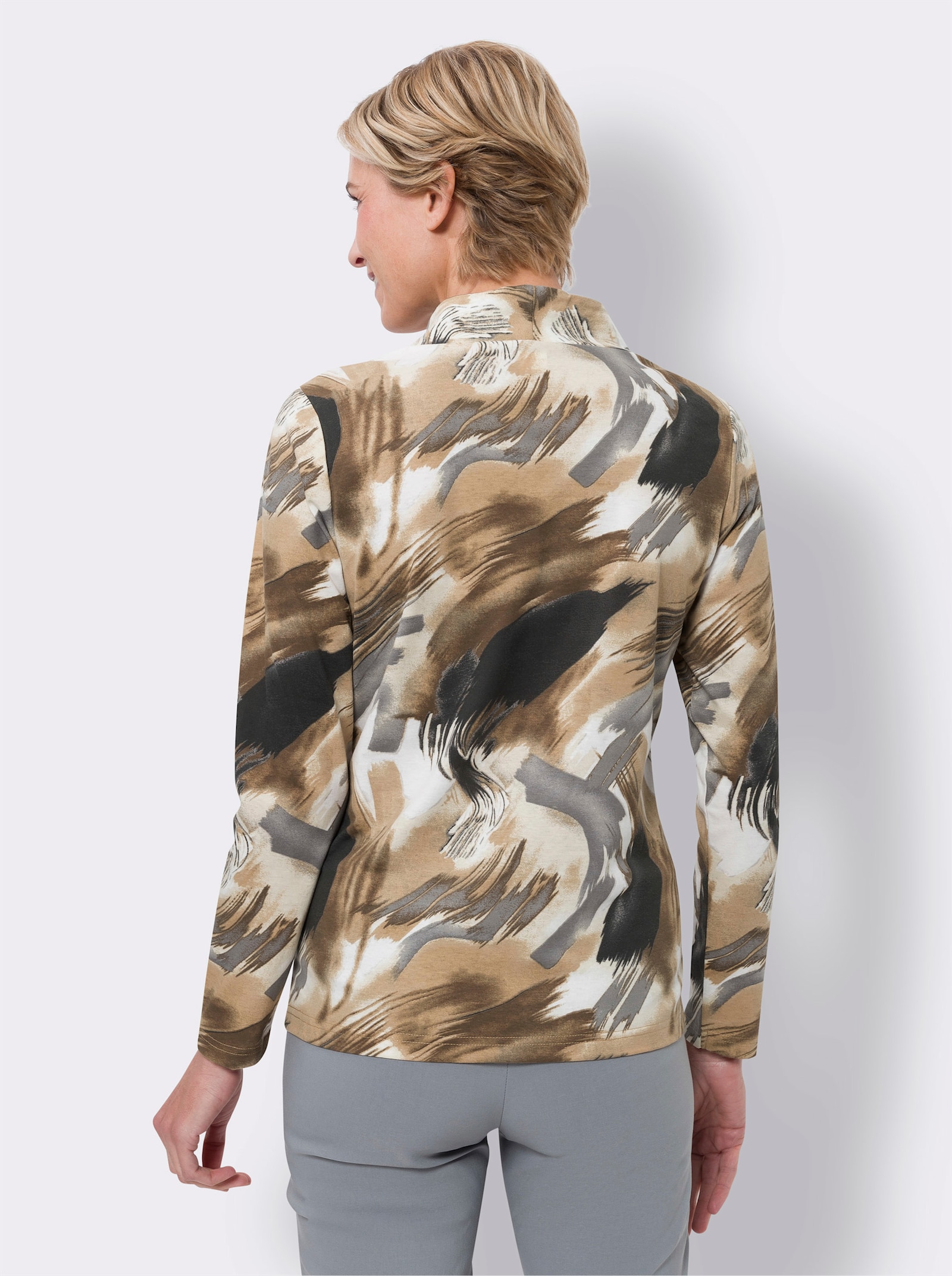 Stehkragenshirt mit Pinselstrich-Muster - ecru-camel-bedruckt