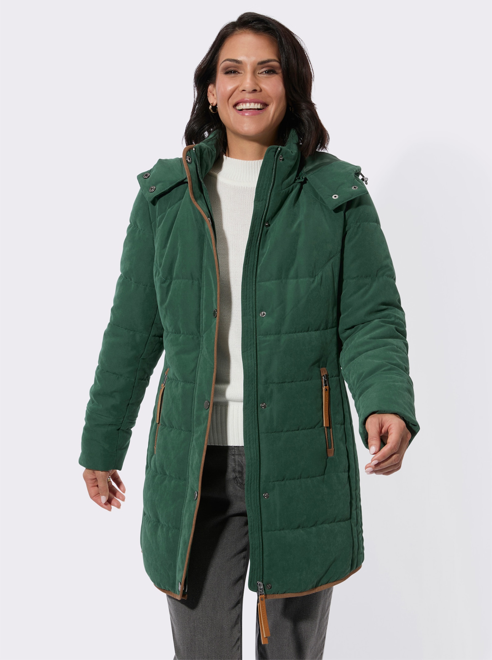 Longjacke mit Stehkragen und Kapuze - moos