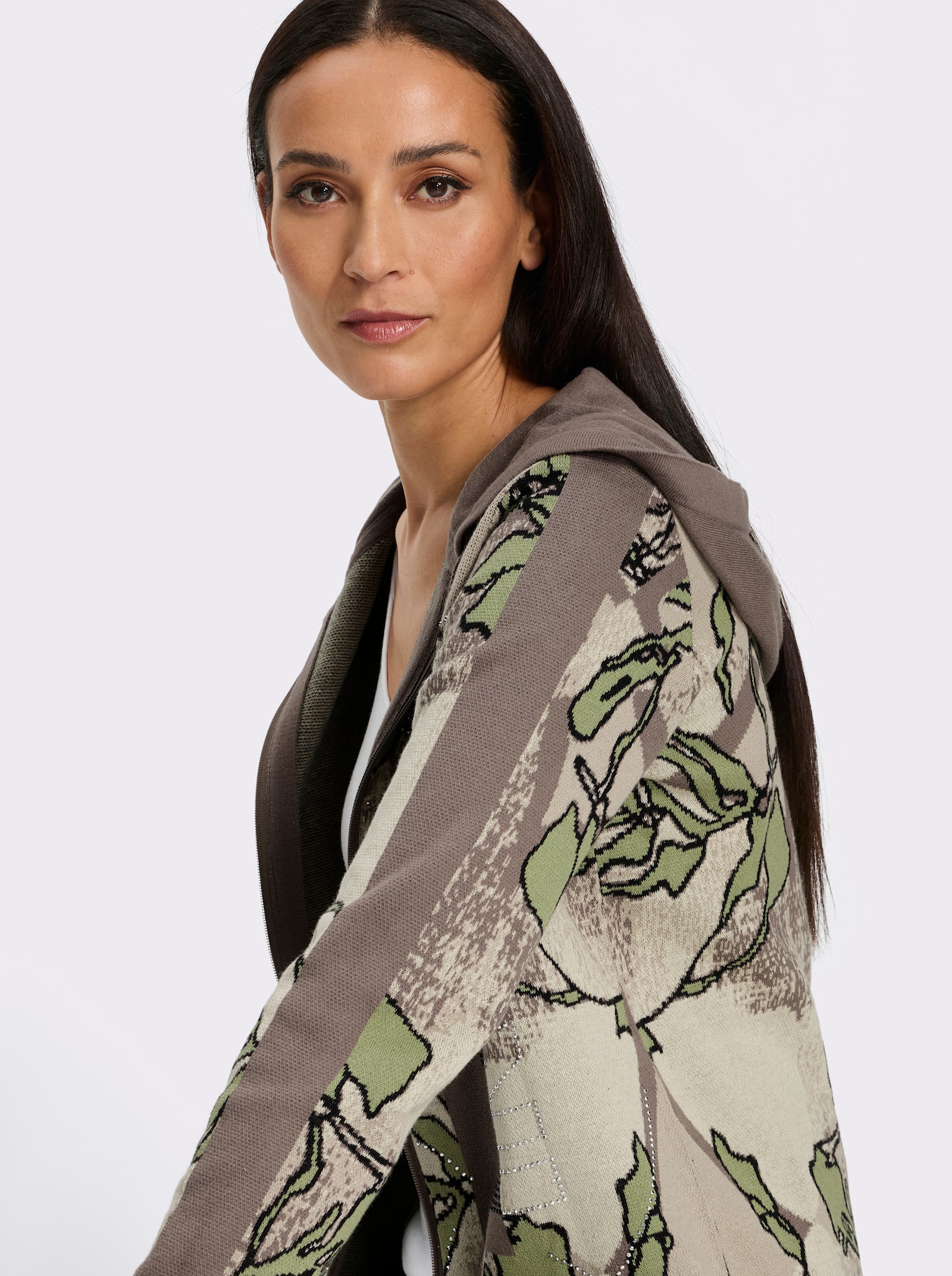 heine Vest met capuchon en patroonmix - zand/kaki gedessineerd