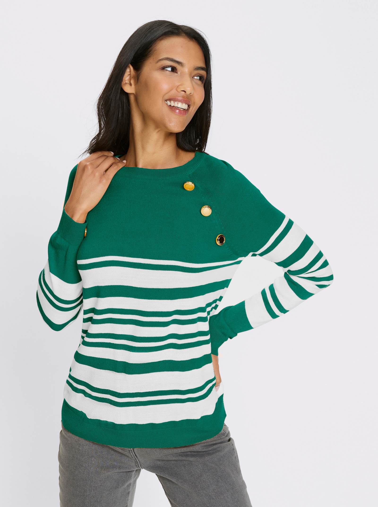 Langarm-Pullover mit goldfarbenen Knöpfen - grün-weiß-geringelt