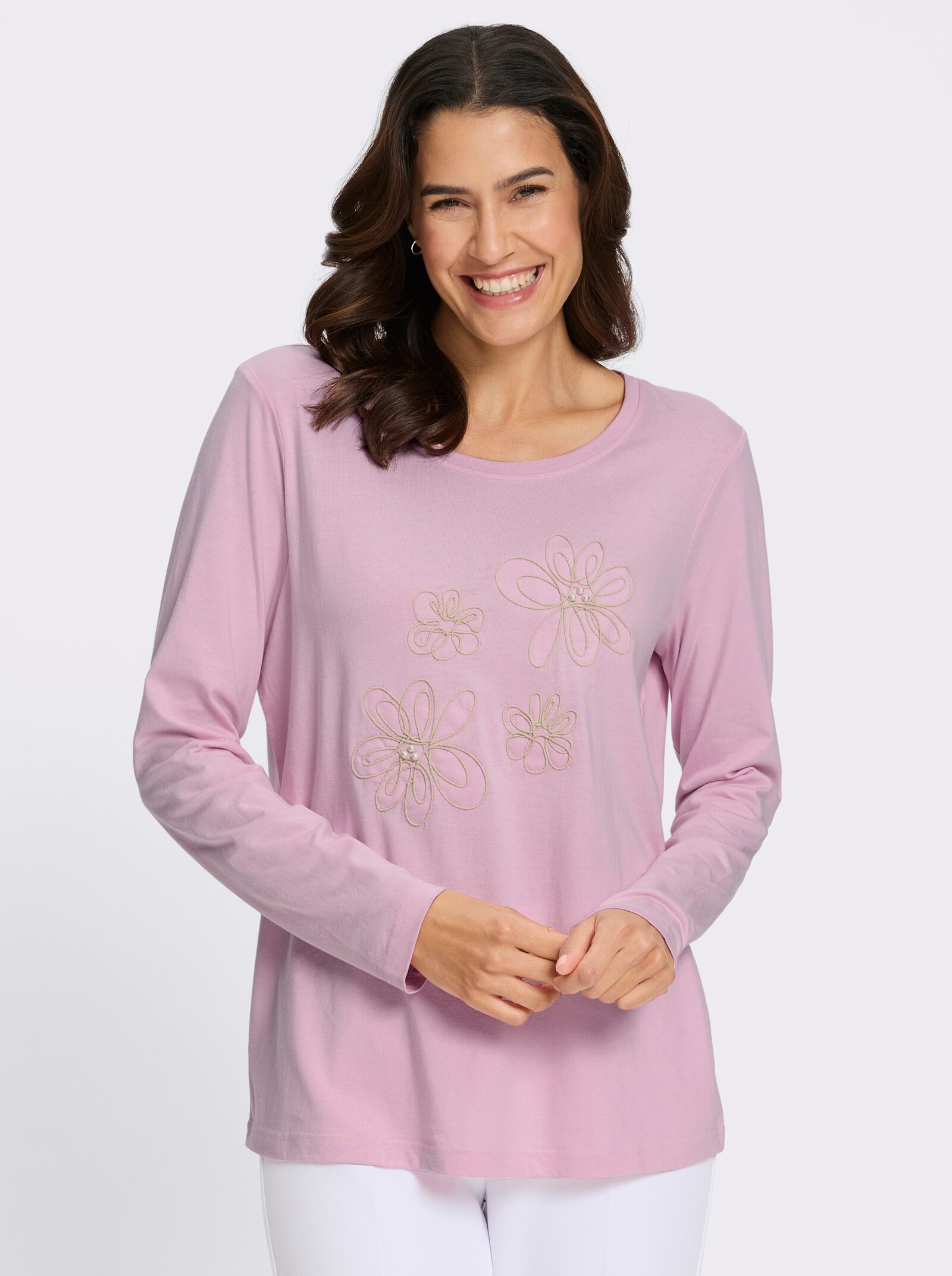 Langarmshirt mit Kordelstickerei und Zierperlen - rosé