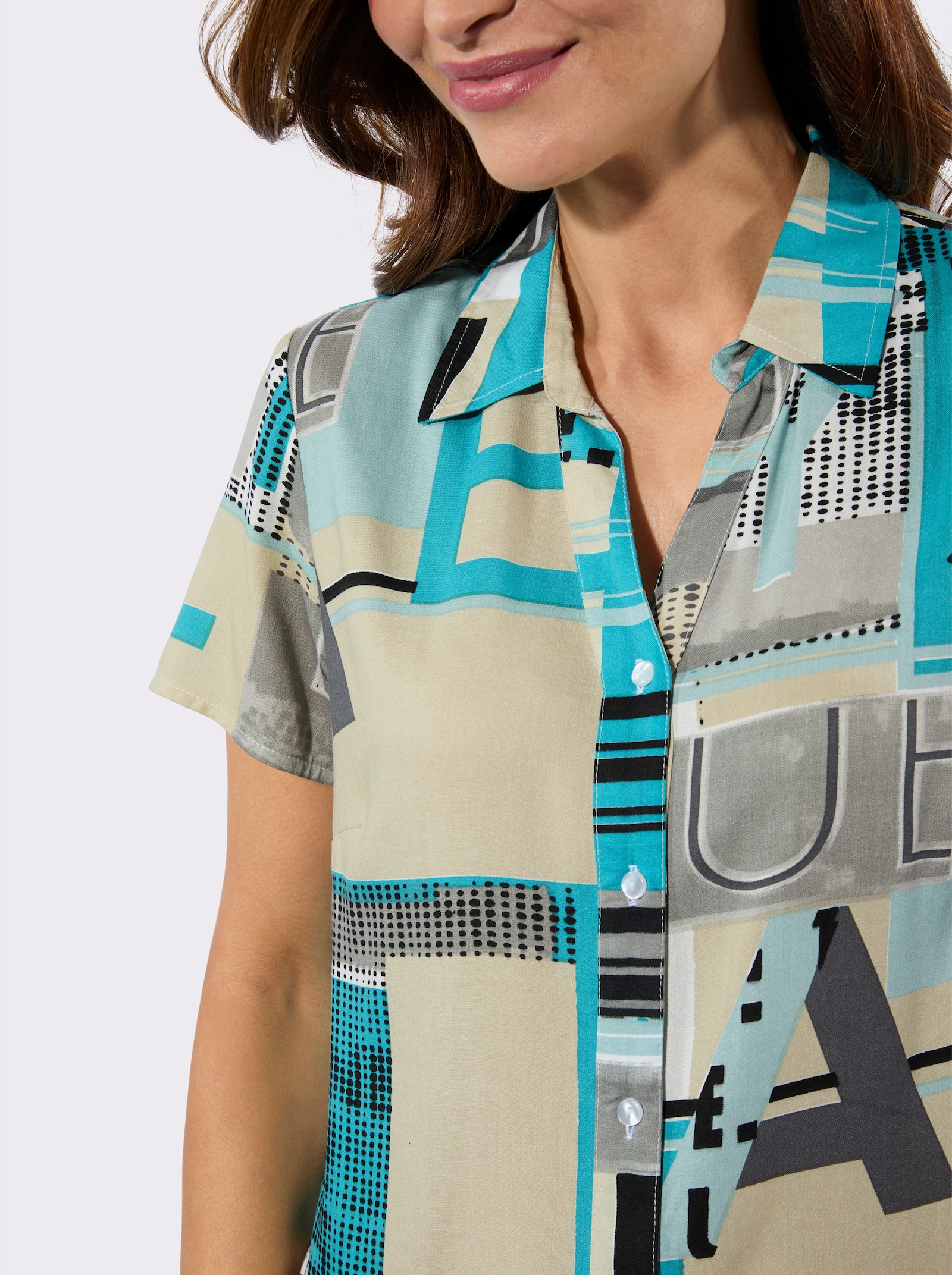 Longbluse in grafischem Dessin - türkis-sand-bedruckt