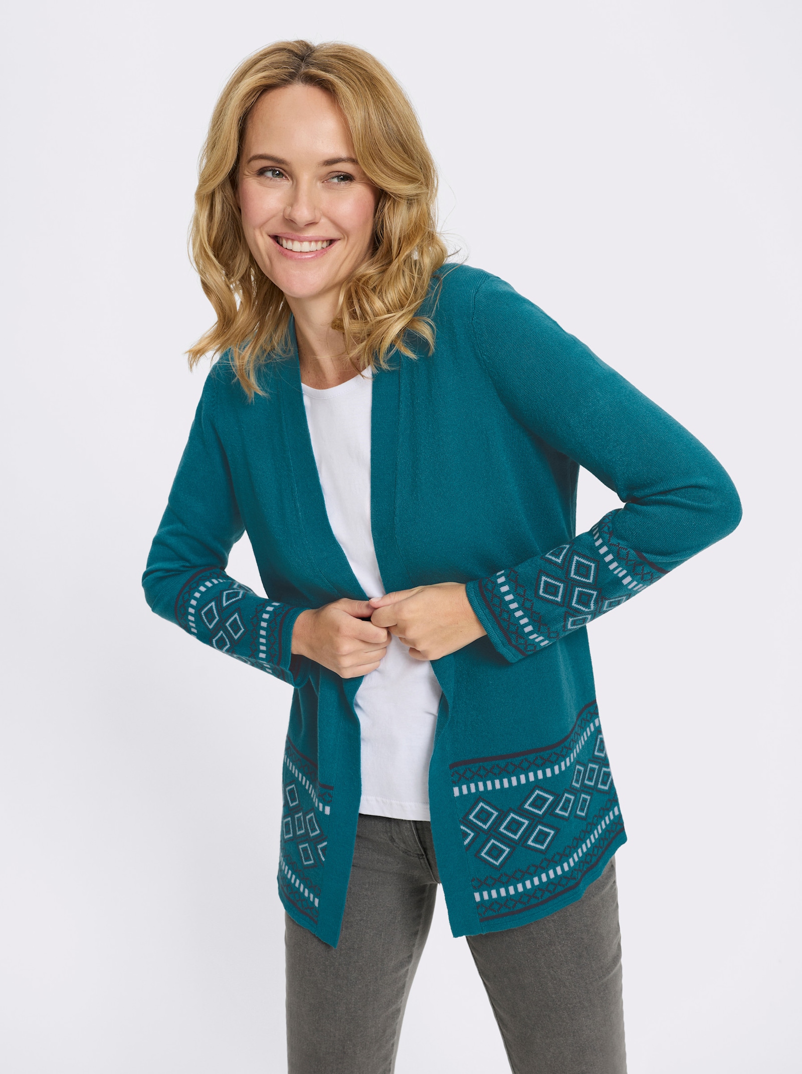 Longstrickjacke mit Bordüren-Muster - petrol-marine