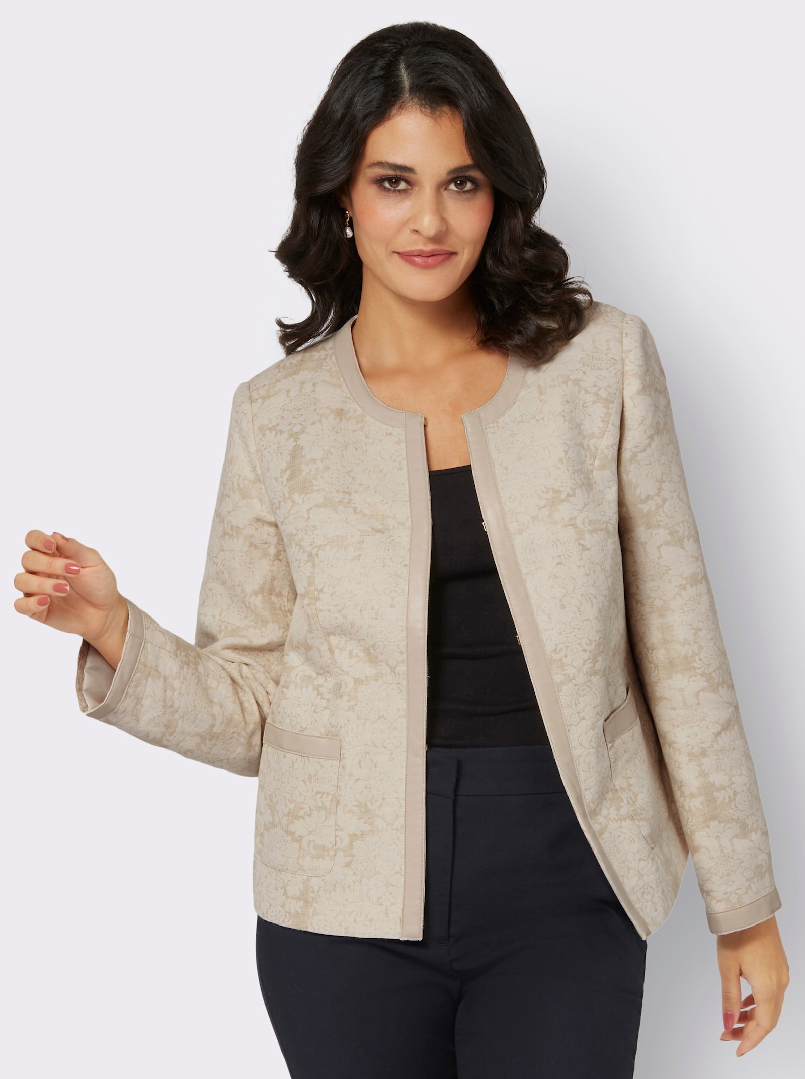 Jacquardblazer mit Lederimitat-Detail - champagner-schlamm-gemustert