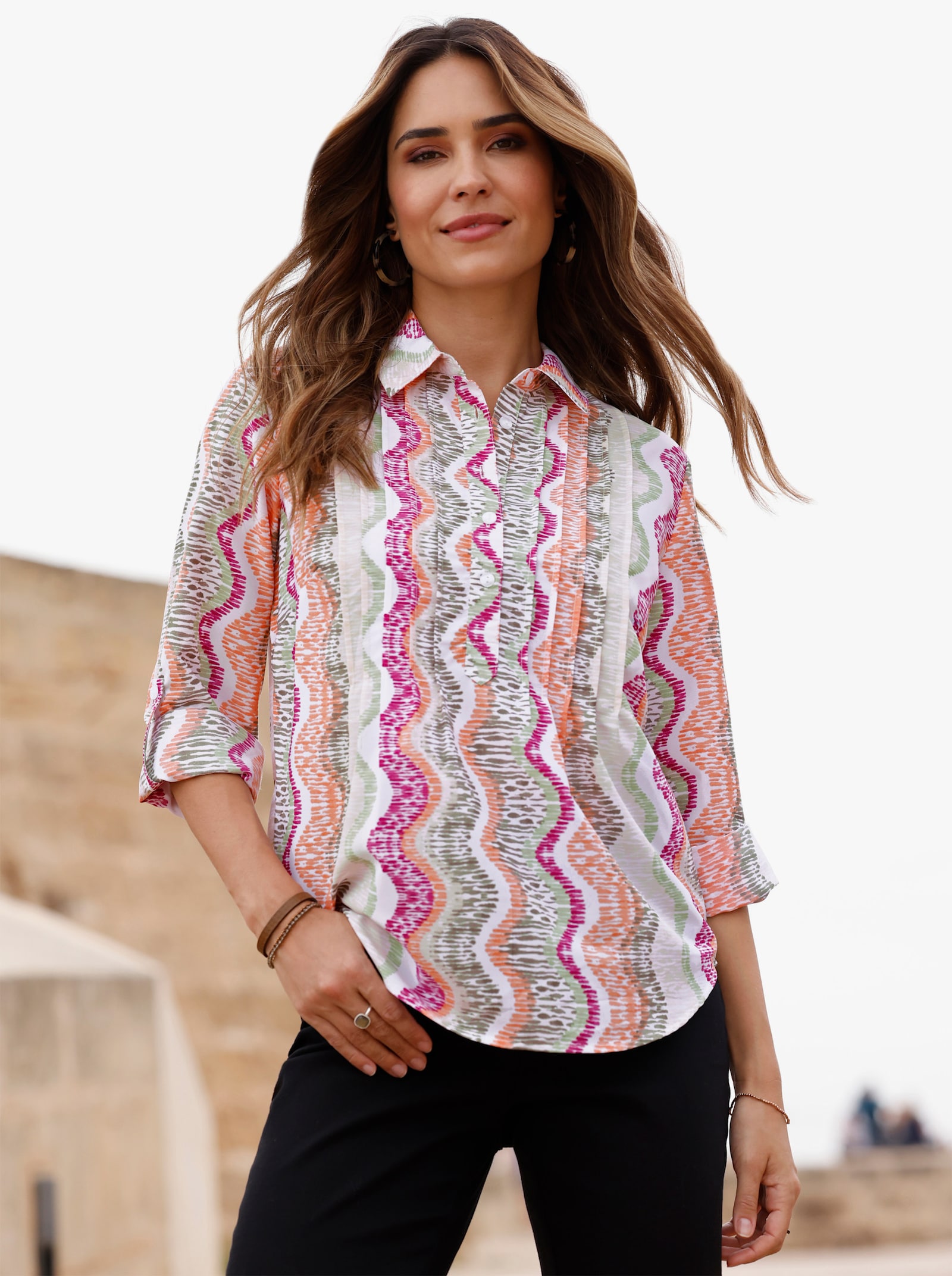 Schlupfbluse in Crêpe-Qualität - ecru-khaki-bedruckt