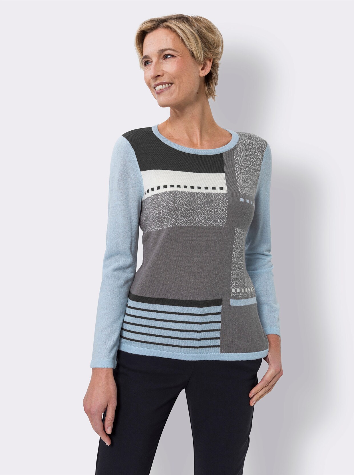 Langarm-Pullover - hellblau-grau-gemustert