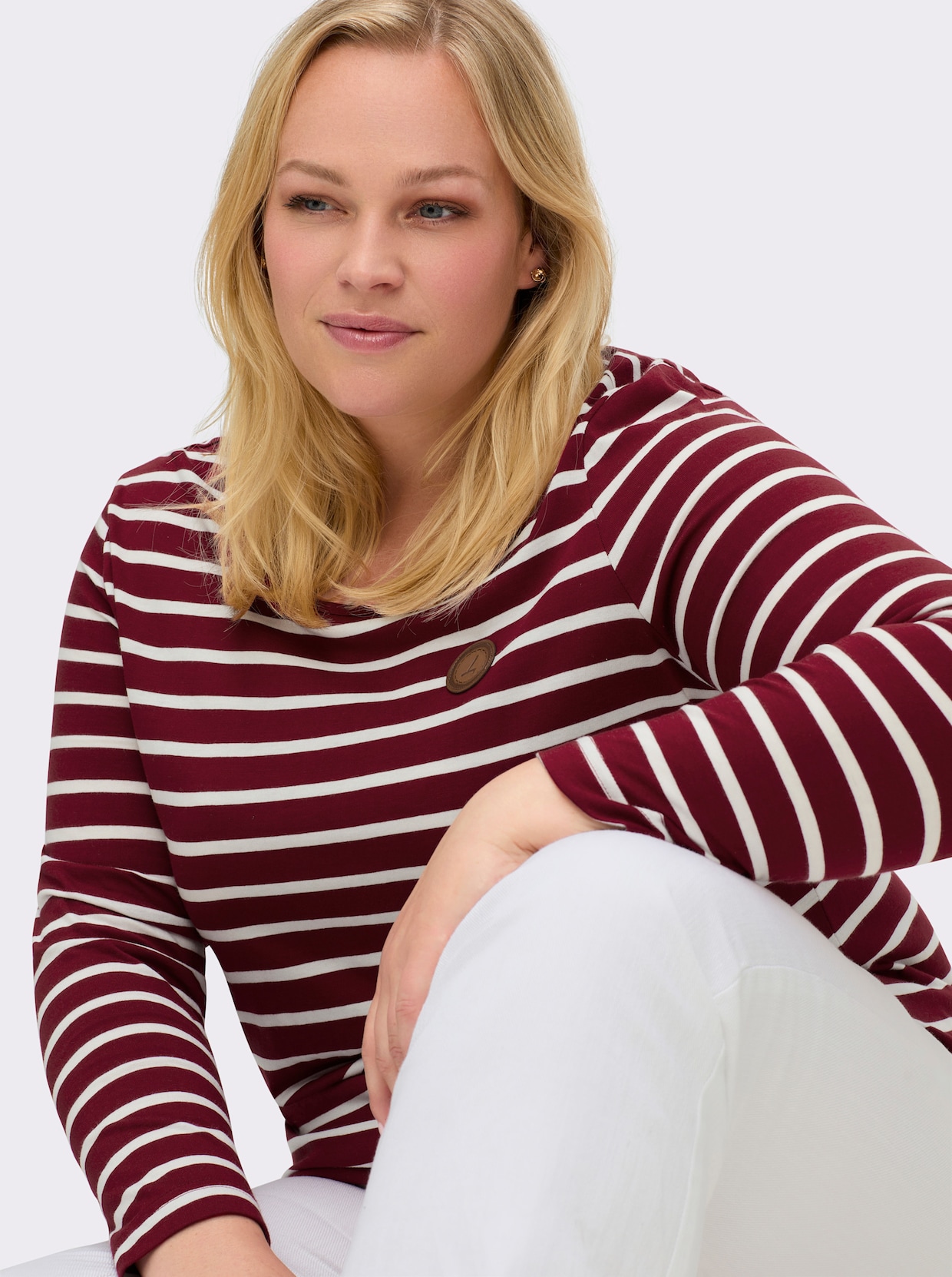 Ringelshirt mit Lederimitat-Patches - dunkelrot-ecru-gestreift