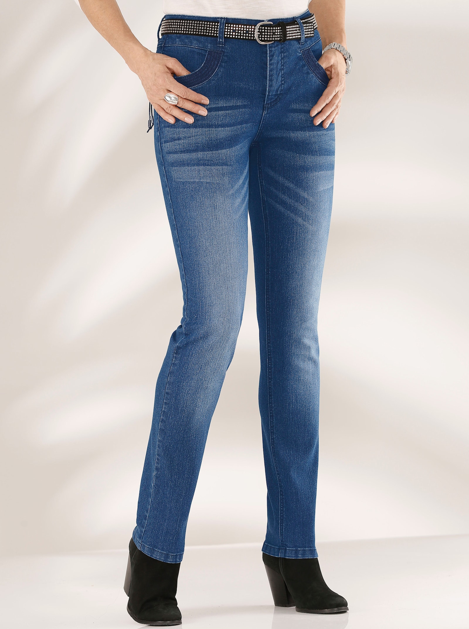Skinny jeans met rits op achterzakken - blue-stonewashed