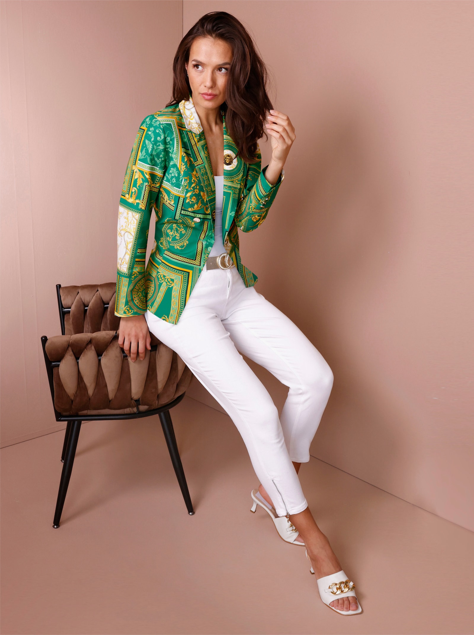 CREATION L PREMIUM Blazer im Mix aus Baumwolle und Seide - grün-gelb-bedruckt