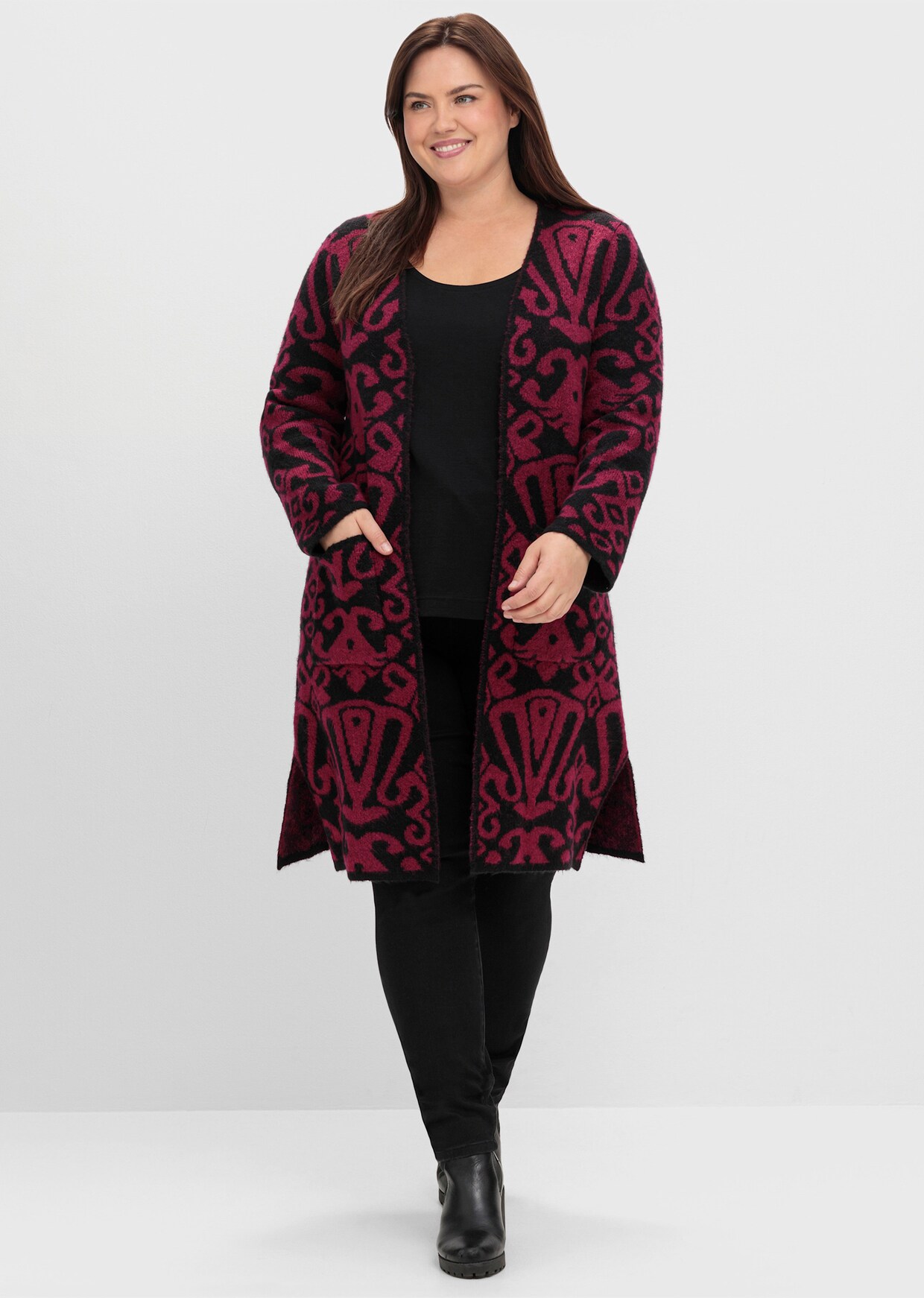 sheego by Joe Browns Lang gebreid vest - zwart gedessineerd