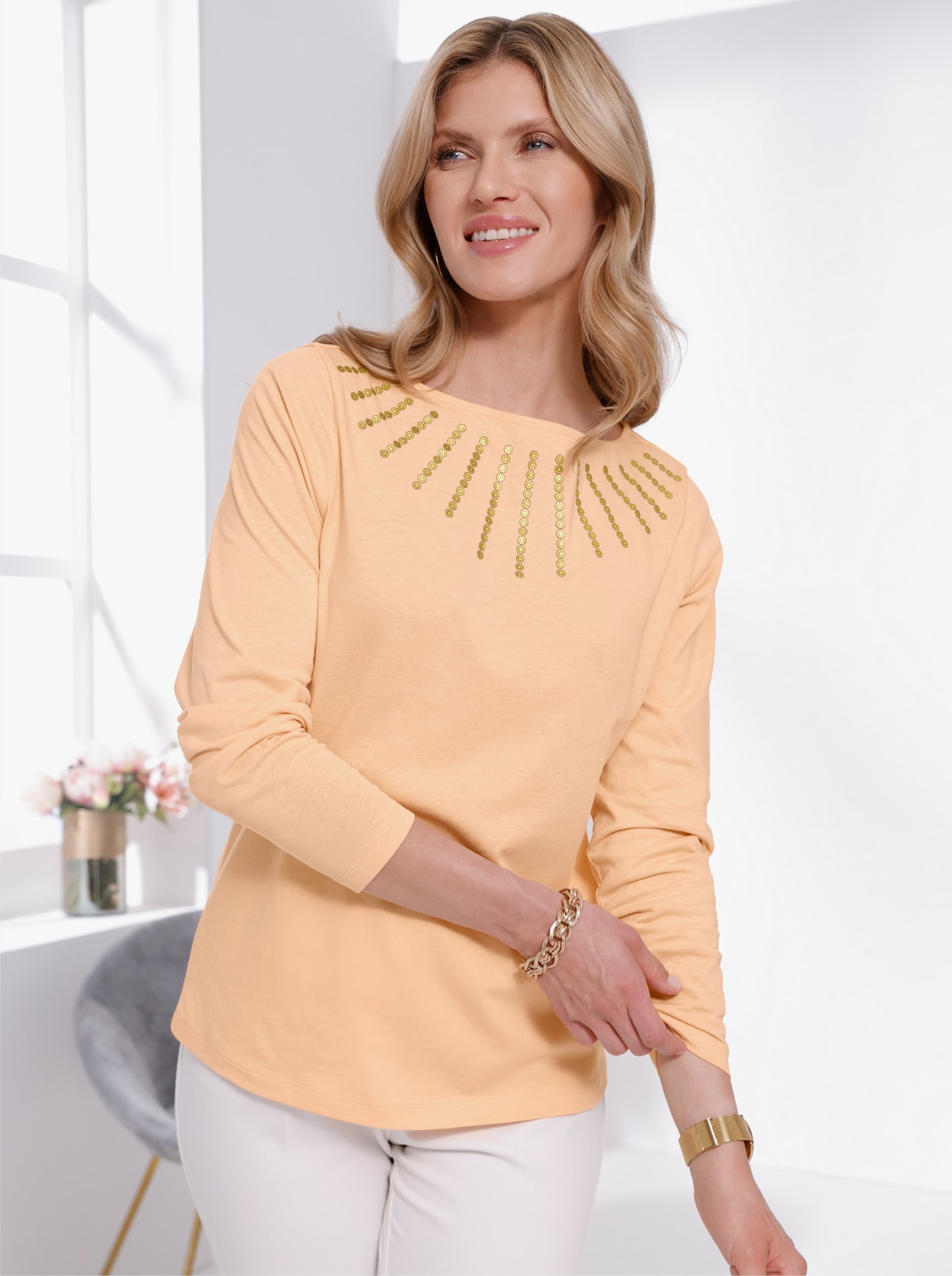 Langarmshirt - apricot-goldfarben-bedruckt