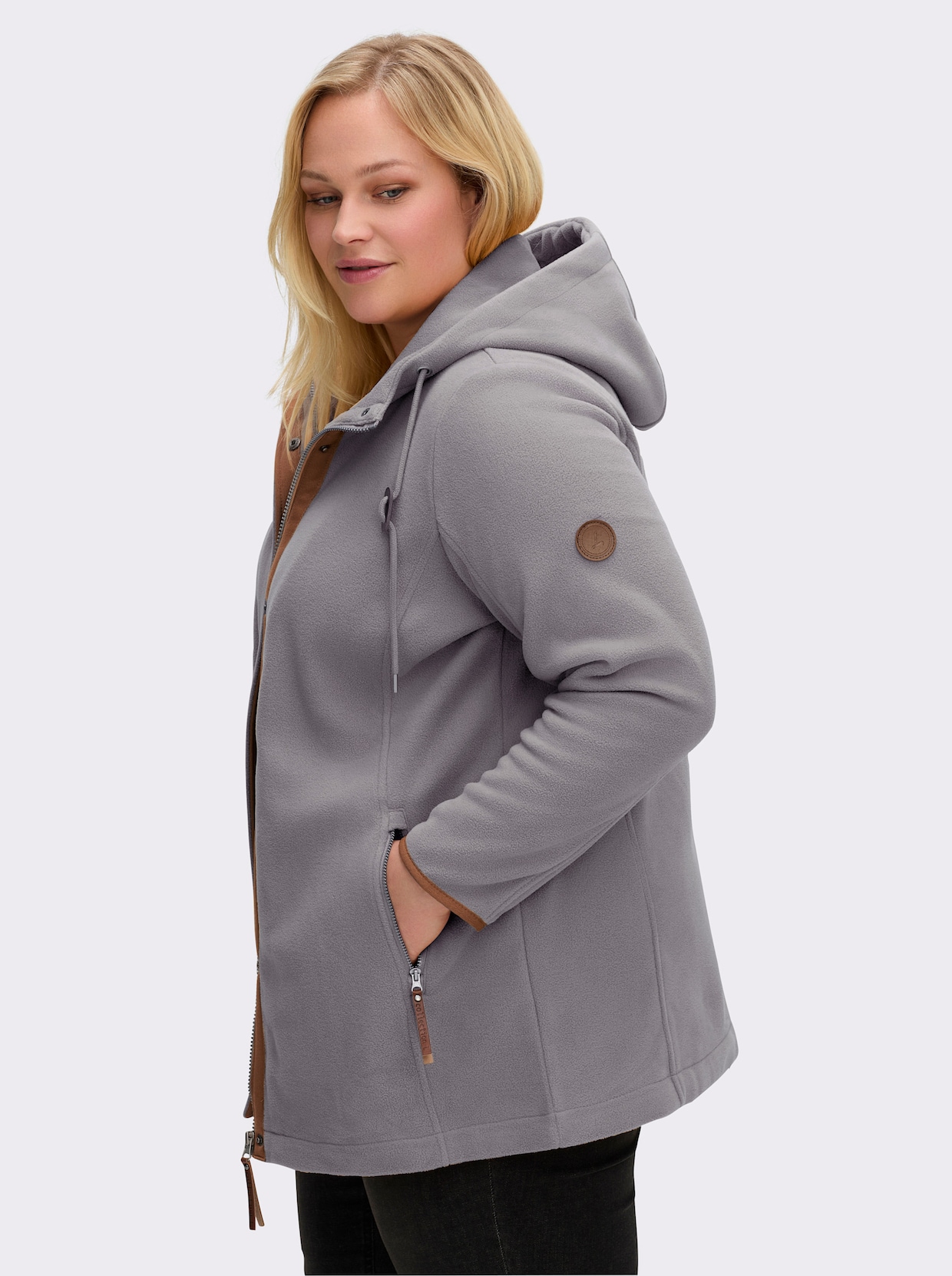 Kapuzenfleecejacke mit verdecktem Reißverschluss - steingrau-meliert