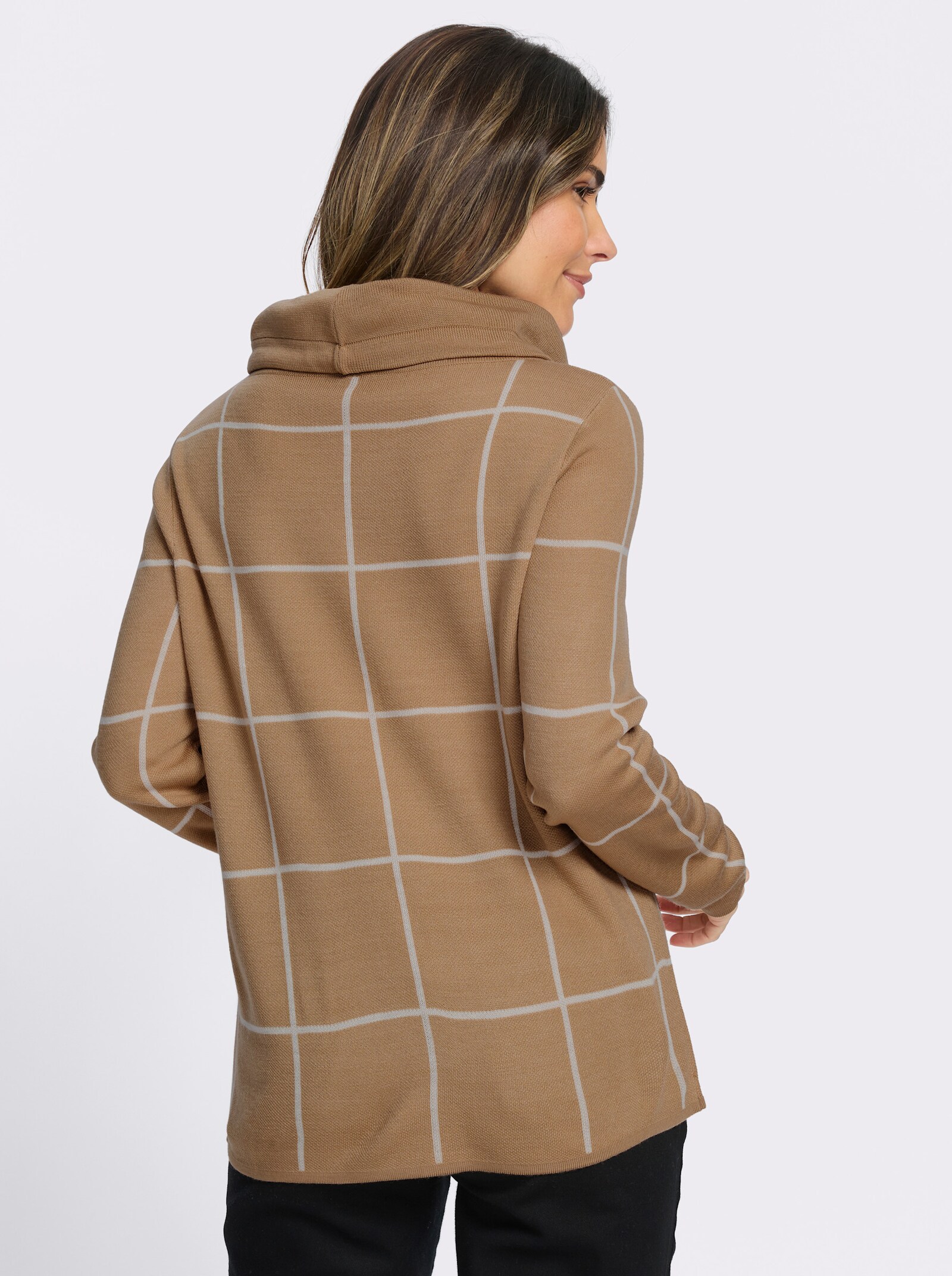 Rollkragenpullover mit Jacquard-Karo - camel-ecru-gemustert