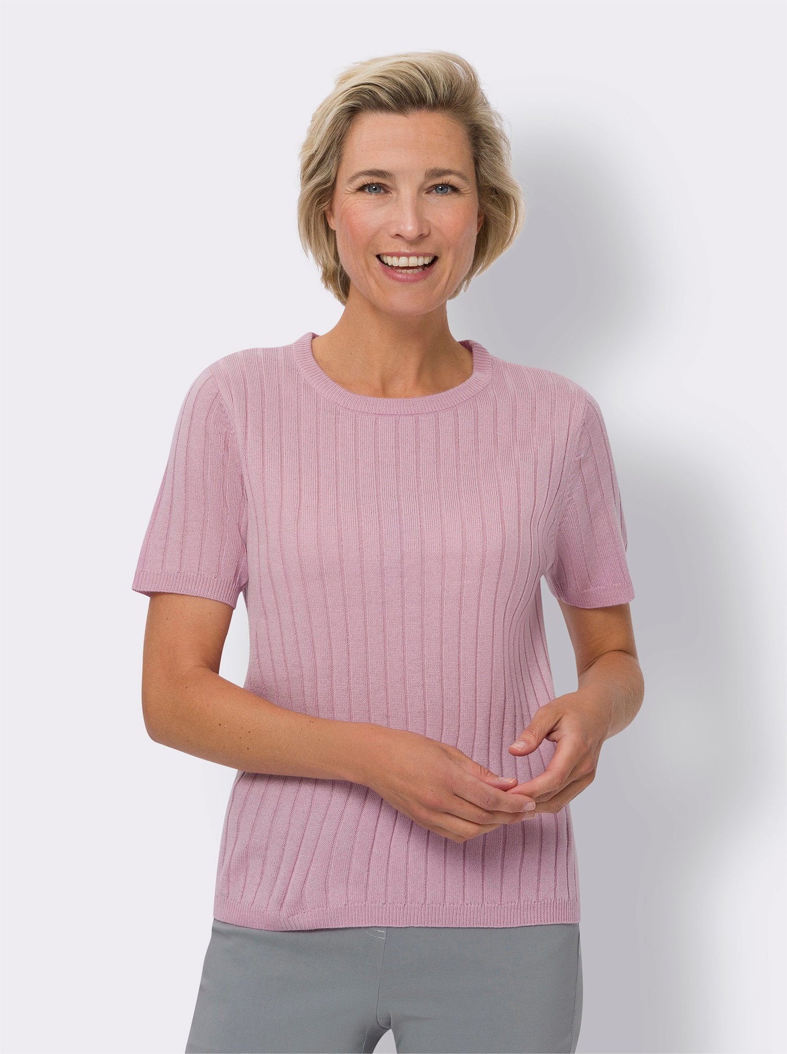 Svetr s krátkým rukávem a celoplošným žebrovaným vzorem - růžová