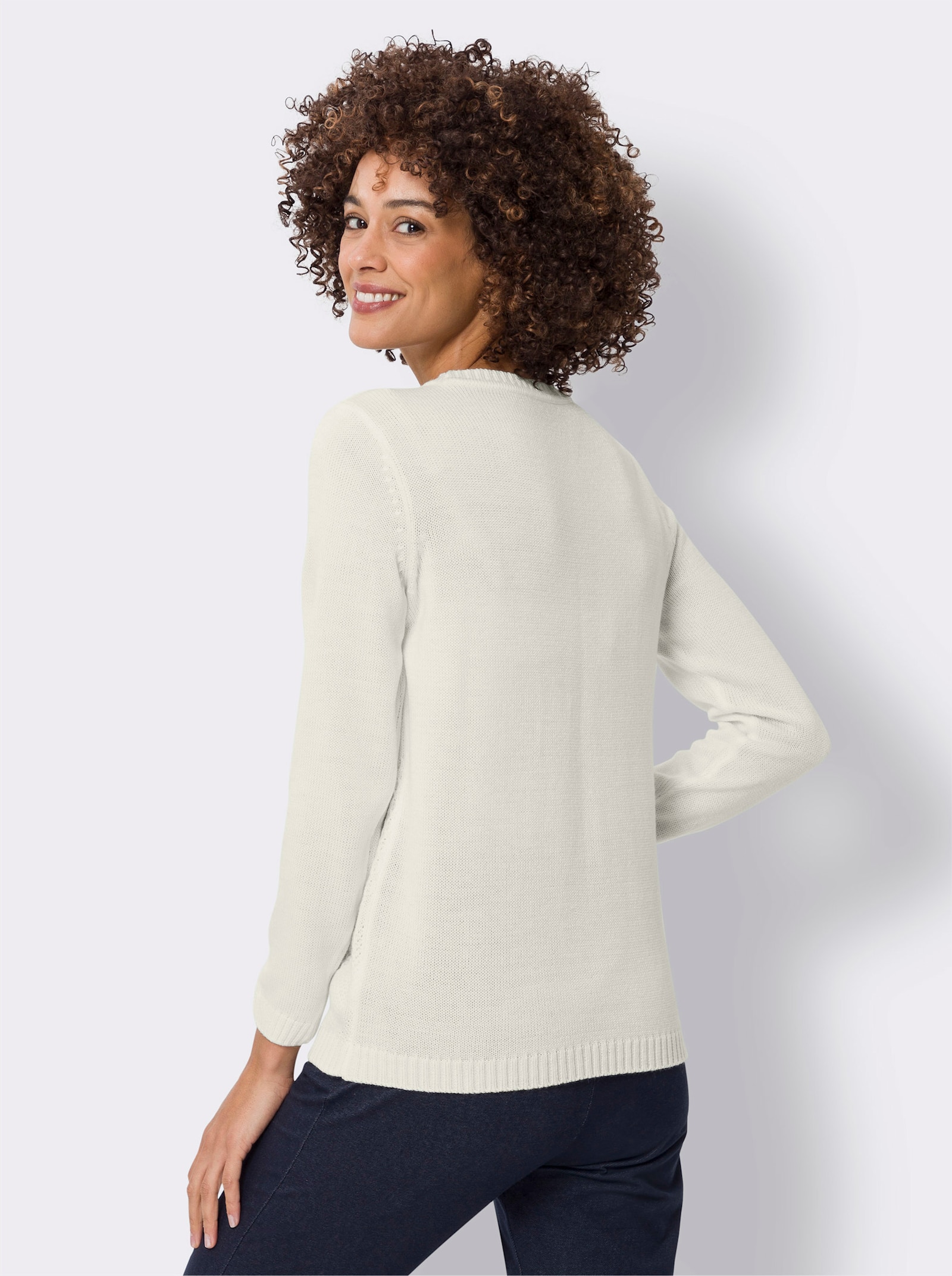 Långärmad tröja med mönsterstickning fram - gräddvit