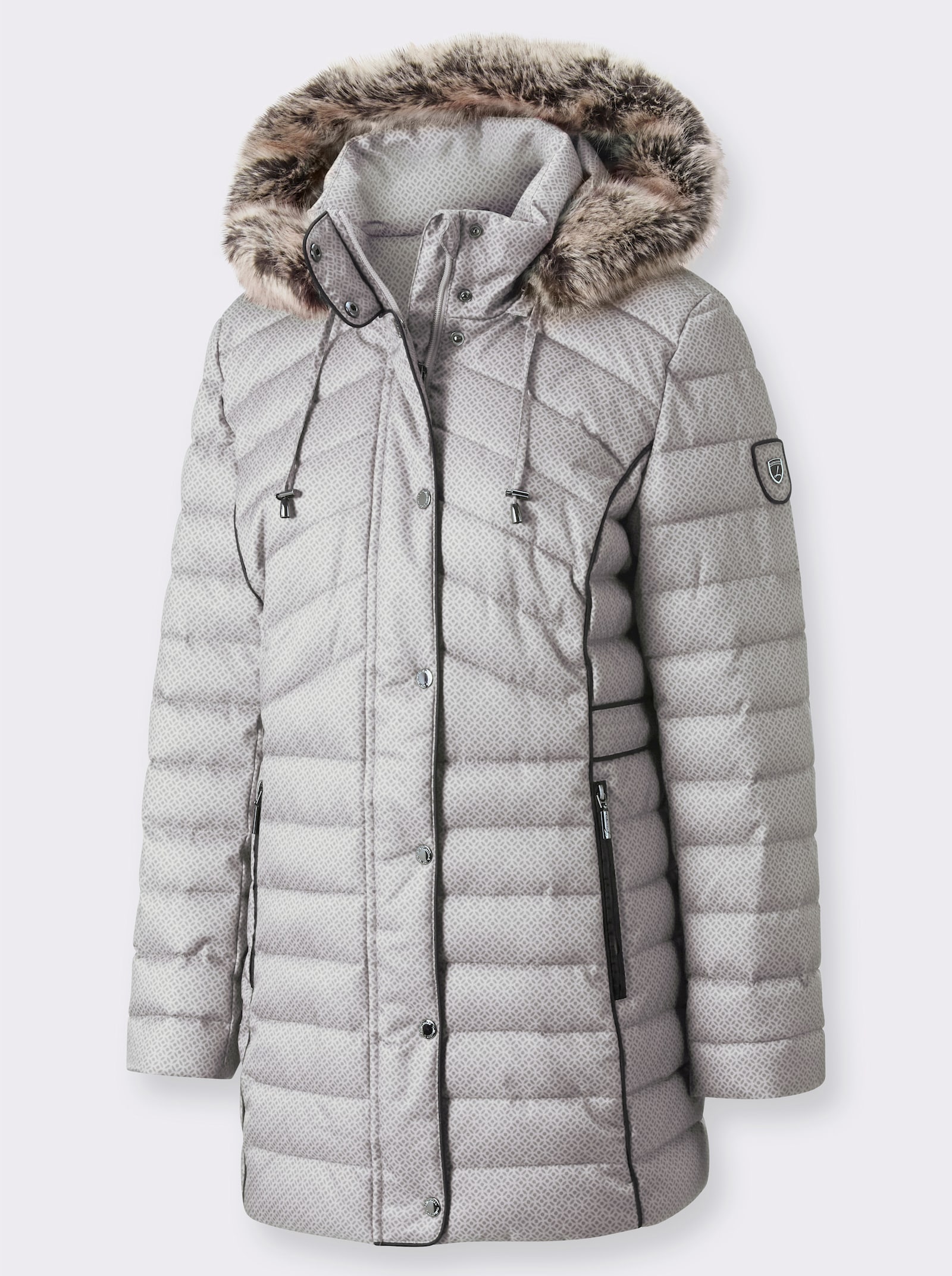 Steppjacke mit abnehmbarem Pelz-Imitat - hellgrau-grau-gemustert