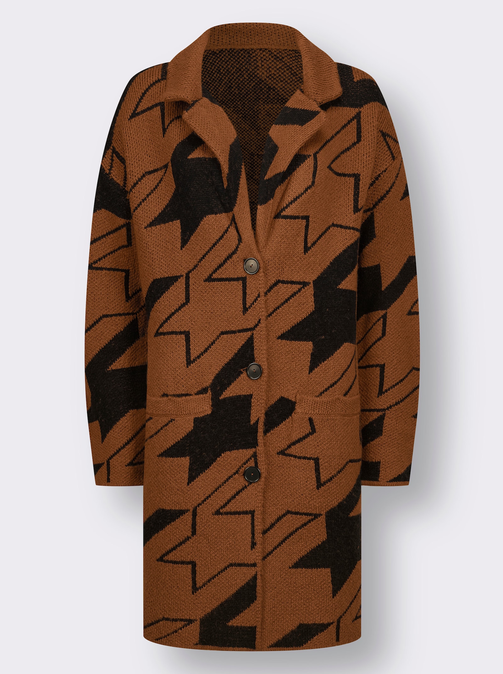 Strickmantel mit Hahnentritt-Muster - cognac-schwarz-gemustert