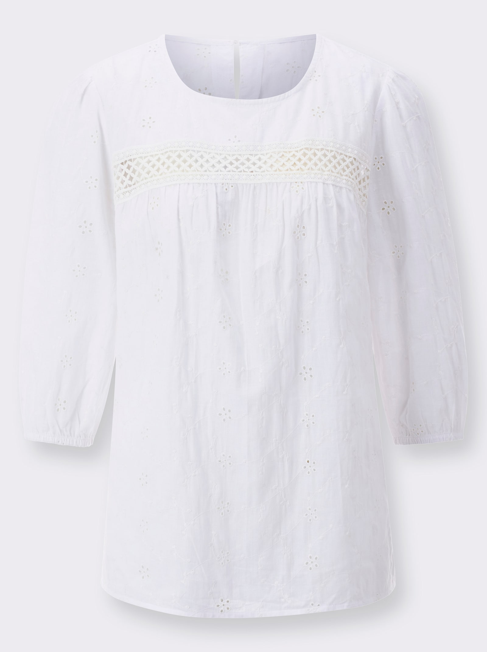 Schlupfbluse mit Spitze und Lochstickerei - ecru