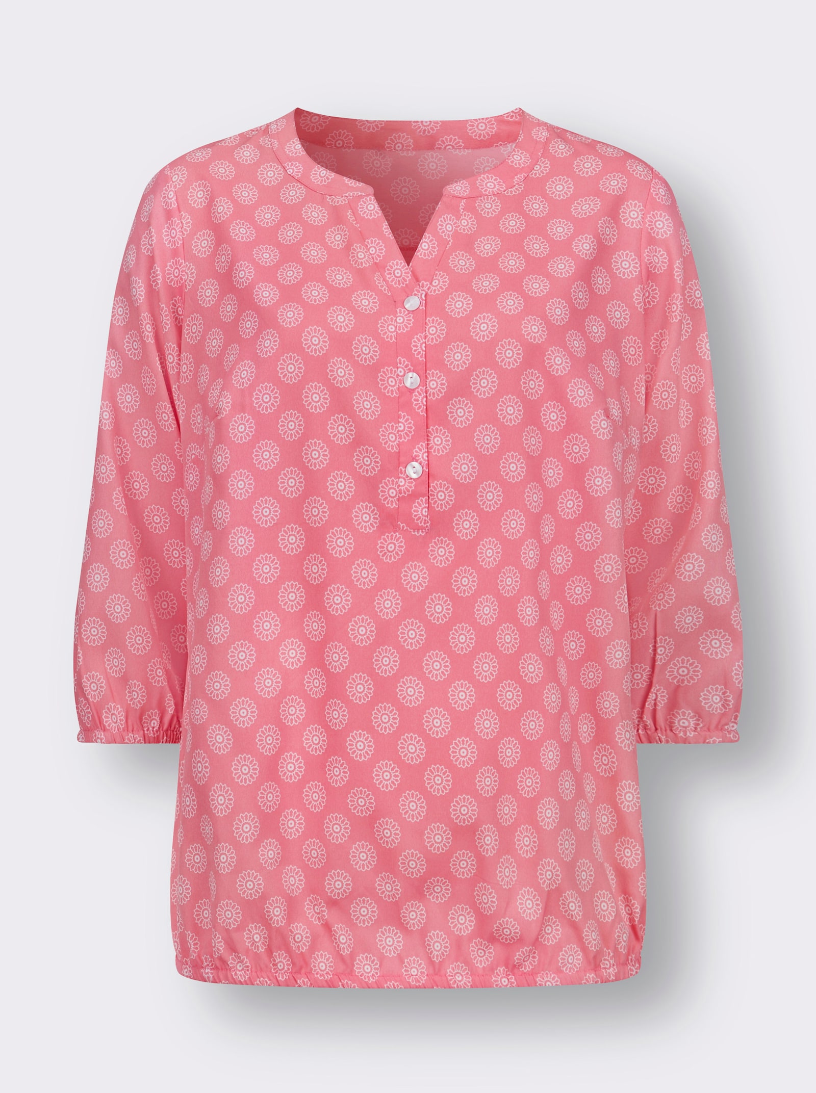 Comfortblouse met elastische boordjes aan de zoom - flamingo/ecru bedrukt