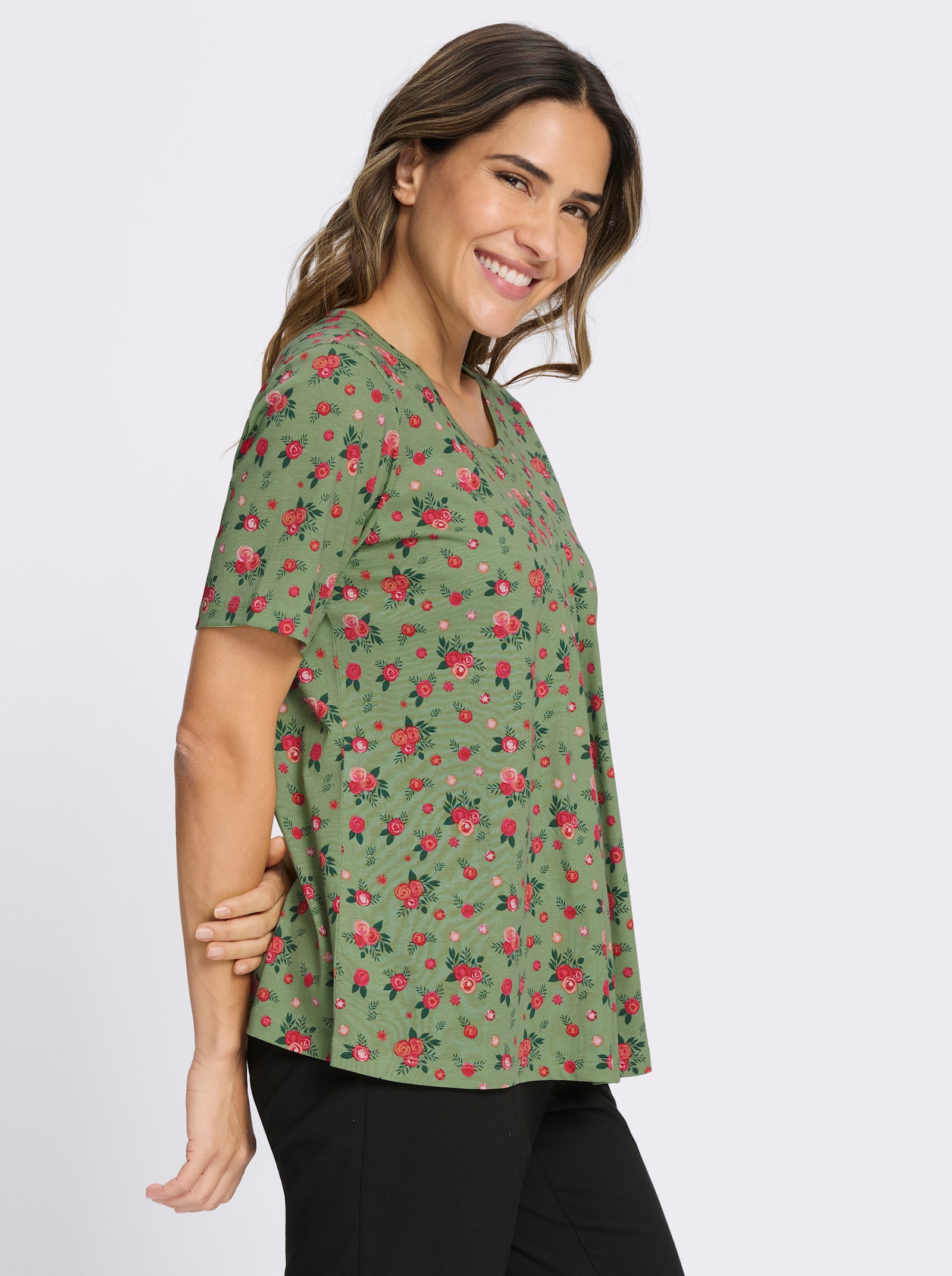 Kurzarmshirt mit Falten am Ausschnitt - eucalyptus-rot-bedruckt